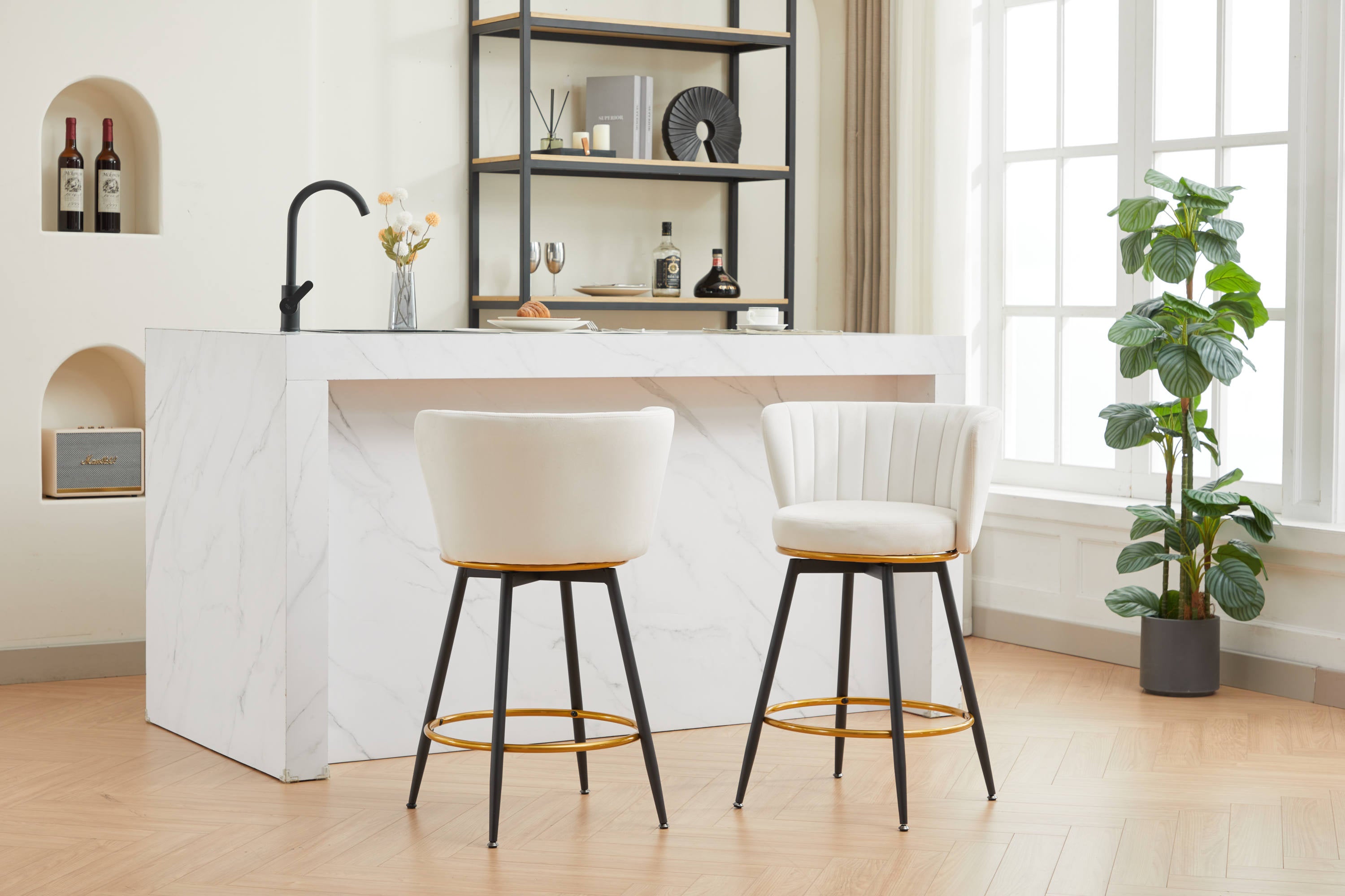Set of 2 Counter Height Bar Stools - 360° Swivel Upholstered Barstools with Back Support & Sturdy Metal Legs, 26 Inch Seat Height, Soft Velvet Fabric, Gold Footrest - Perfect for Kitchen Islands, Breakfast Bars & Home Bars