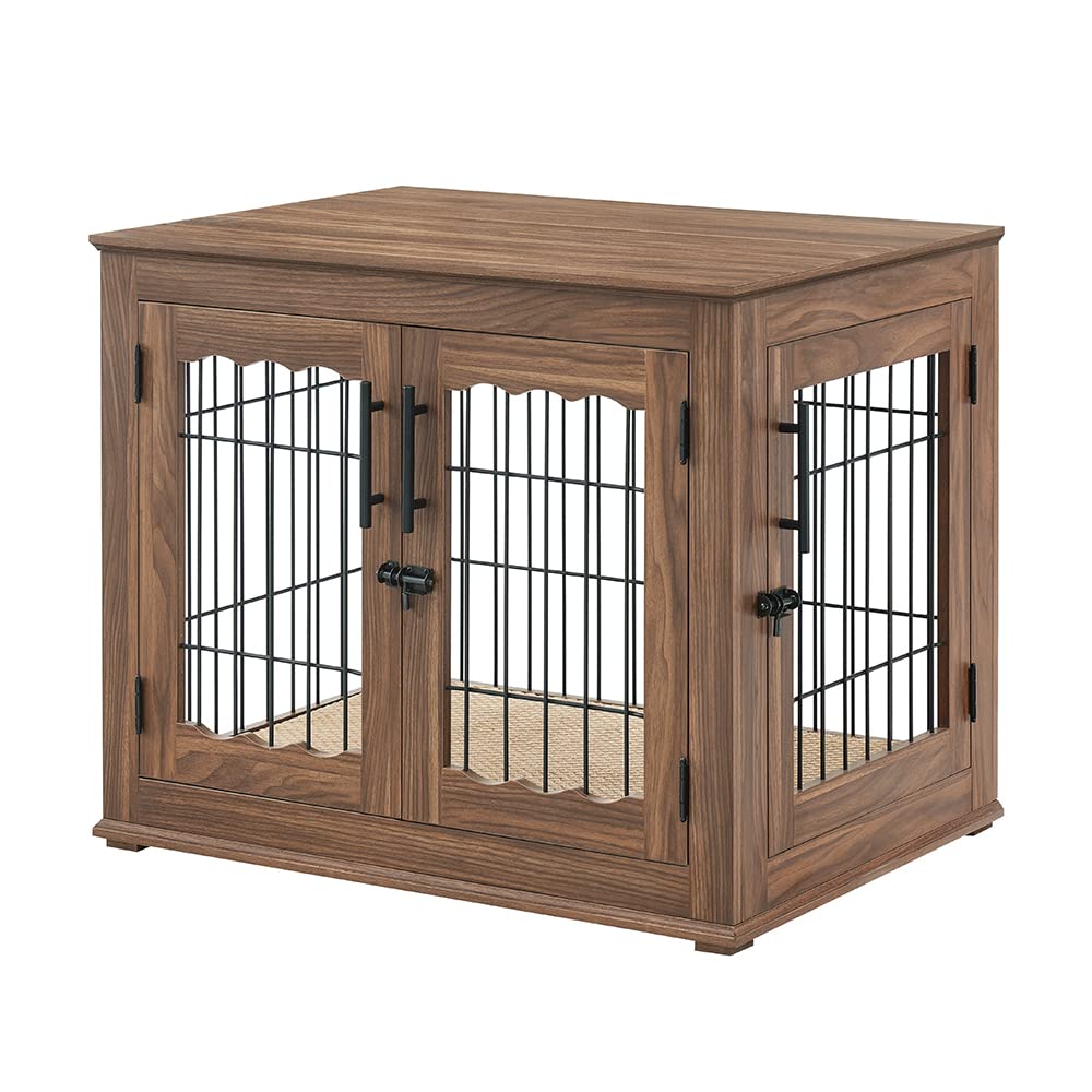 BeeNbkks Stylish Wooden Dog Crate End Table - Double Door Wire Kennel with Removable Pet Bed | Indoor Decorative Dog House for Medium & Large Dogs | Perfect for Living Room, Bedroom & Home Office Decor