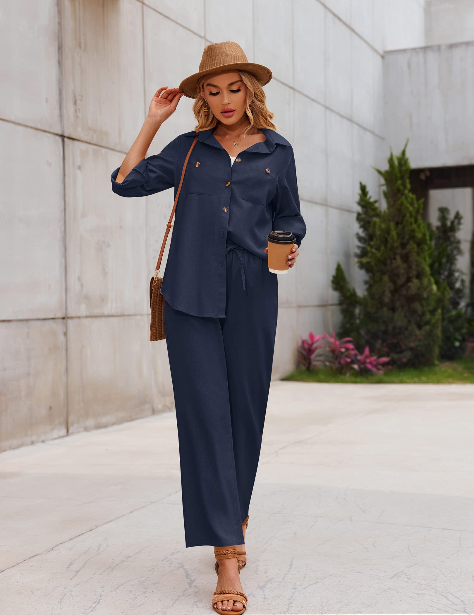 Zeagoo Women's 2-Piece Linen Outfit Set - Button Down Shirt & Drawstring Long Pants for Summer 2023 | Casual Beach Wear, Vacation Outfits & Boho Chic Style