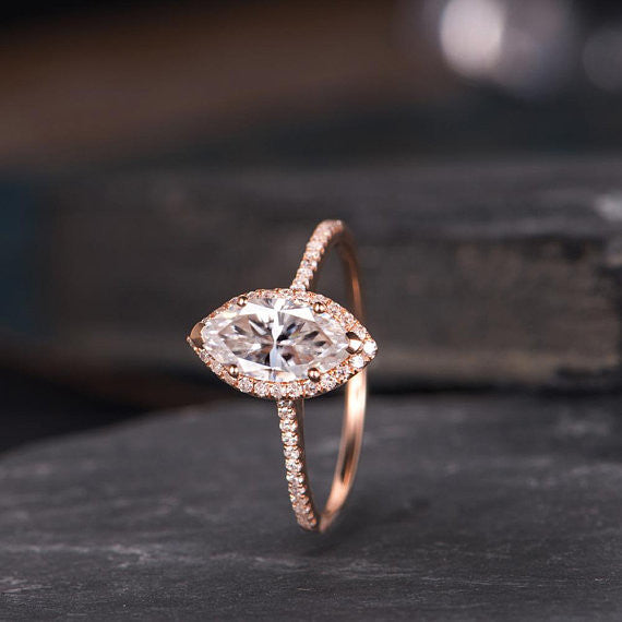 1ct Rose Gold Moissanite Engagement Ring for Women - Marquise Cut Halo Diamond Wedding Band, Half Eternity Bridal Ring Set, Anniversary Gift for Her | Perfect for Proposals, Weddings & Special Occasions