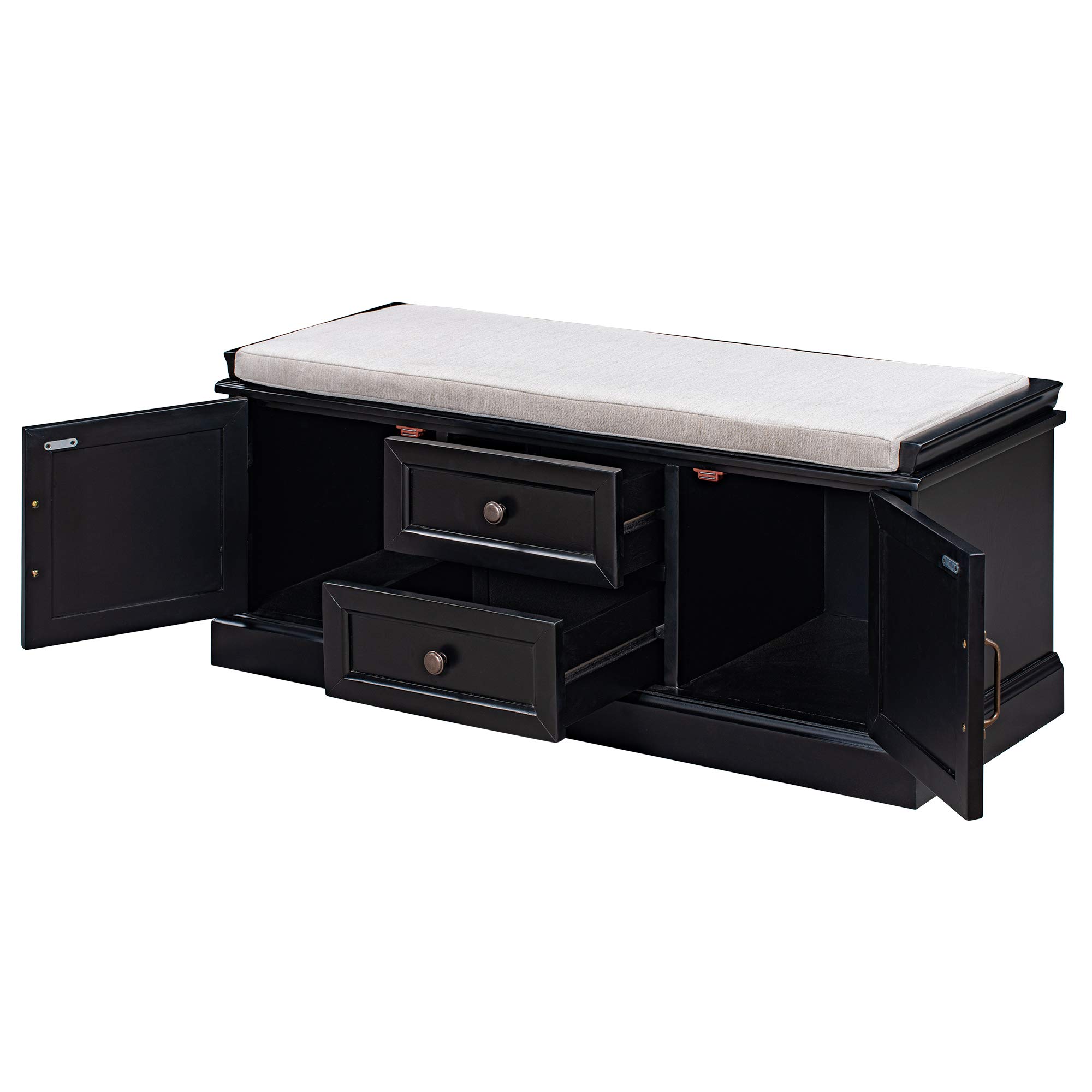 Solid Wood Entryway Bench with Storage - 2 Drawers & 2 Cabinets, Removable Cushion - No Assembly Required - Perfect for Hallway, Living Room, Bedroom - Black (Set of 2) - Ideal for Small Space Organization & Entryway Seating