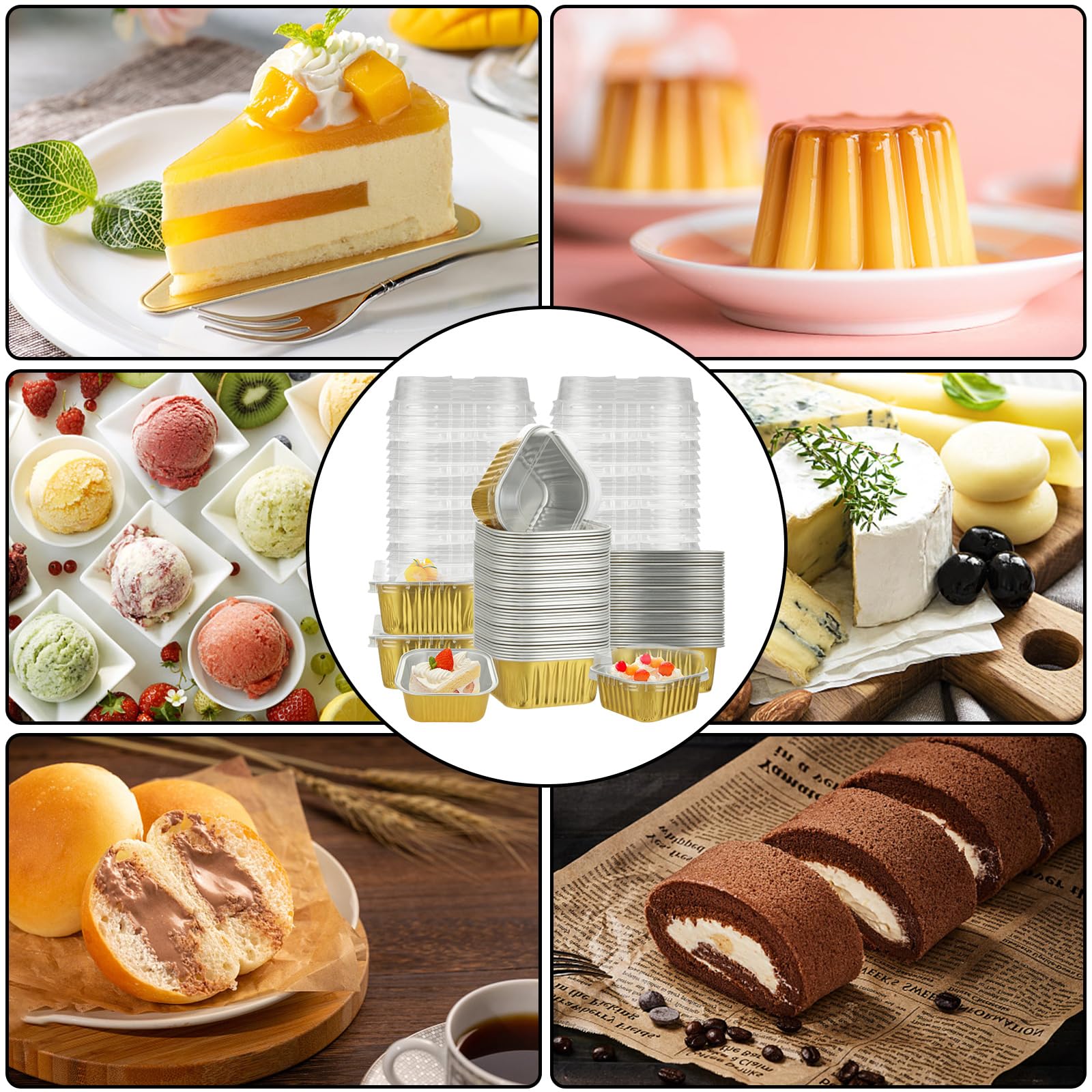 100Pcs 5oz Disposable Aluminum Foil Ramekins with Lids - Mini Cake Pans, Reusable Cupcake Liners, Square Dessert Containers - Perfect for Cheesecake, Muffins, Baking & Party Serving