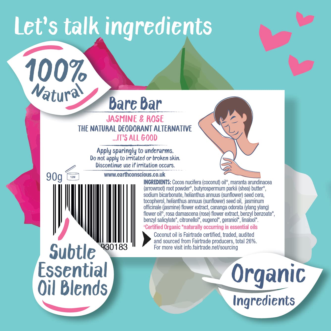 Earth Conscious Bare Bar Natural Deodorant - Jasmine & Rose Scent, Aluminum-Free, Vegan & Cruelty-Free for Sensitive Skin | Daily Freshness for Workouts, Yoga & Outdoor Activities