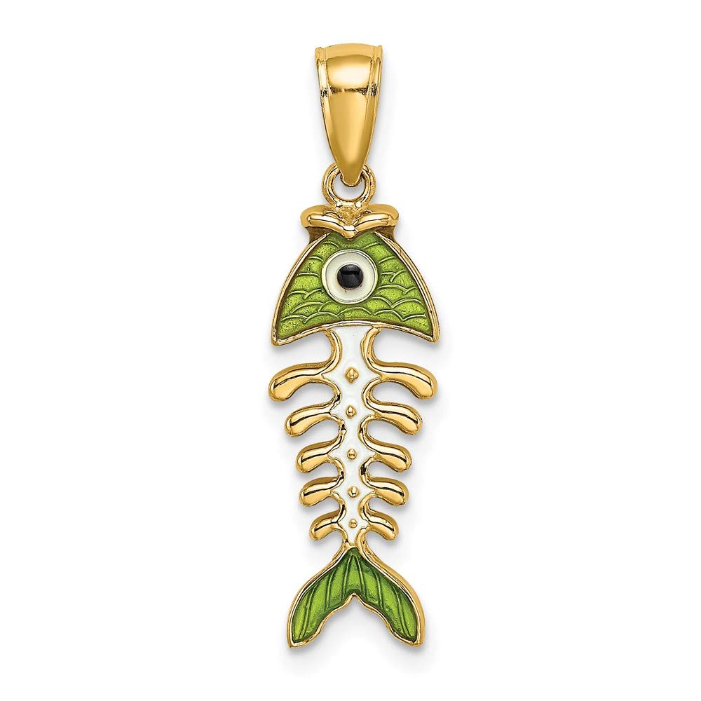 14K Yellow Gold Green Enamel Fish Bone Charm Pendant Necklace - Elegant Jewelry Gift for Women, Perfect for Casual Wear, Parties & Special Occasions