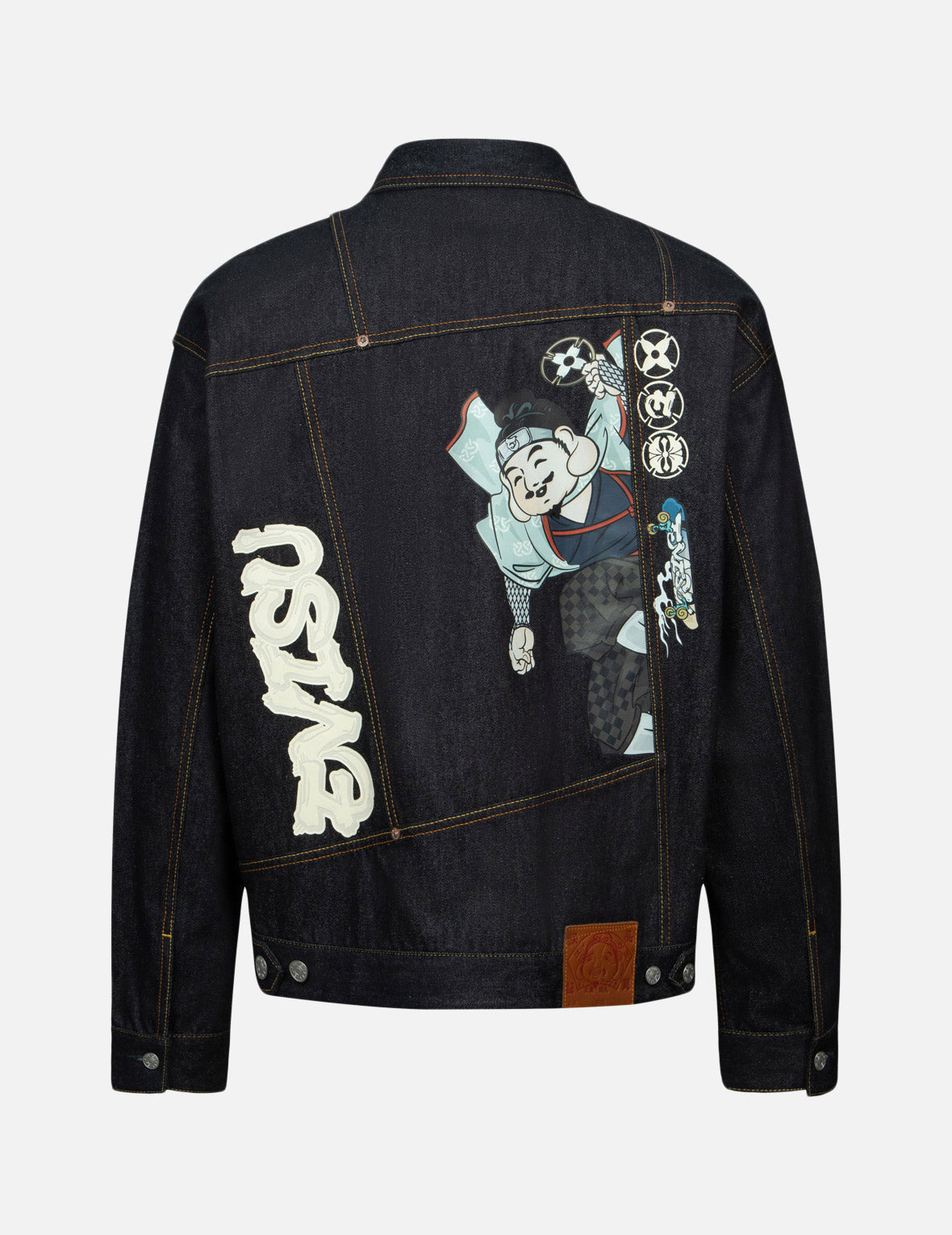 Ninja Godhead Print Loose Fit Deconstructive Denim Jacket for Men - Vintage Streetwear Fashion for Urban Style & Casual Outfits