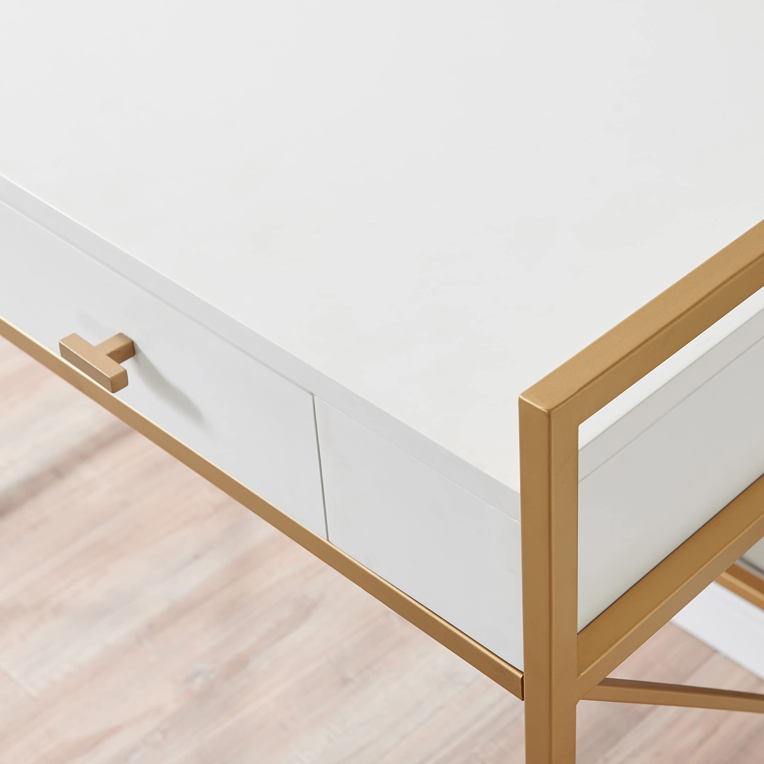 Leick Home 9240-WTGL Claudette Modern Mixed Metal & Wood Computer Desk with Drop-Front Keyboard Tray - White & Satin Gold Finish | Perfect for Home Office, Study Room & Small Spaces
