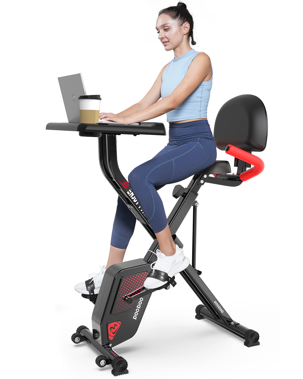 Pooboo Folding Exercise Bike - 4-in-1 Magnetic X-Bike with 8-Level Resistance, Pulse Sensor & Back Support | Foldable Stationary Bike for Home Gym, Cardio Workout & Indoor Cycling | Includes Bottle Holder & Arm Resistance Bands