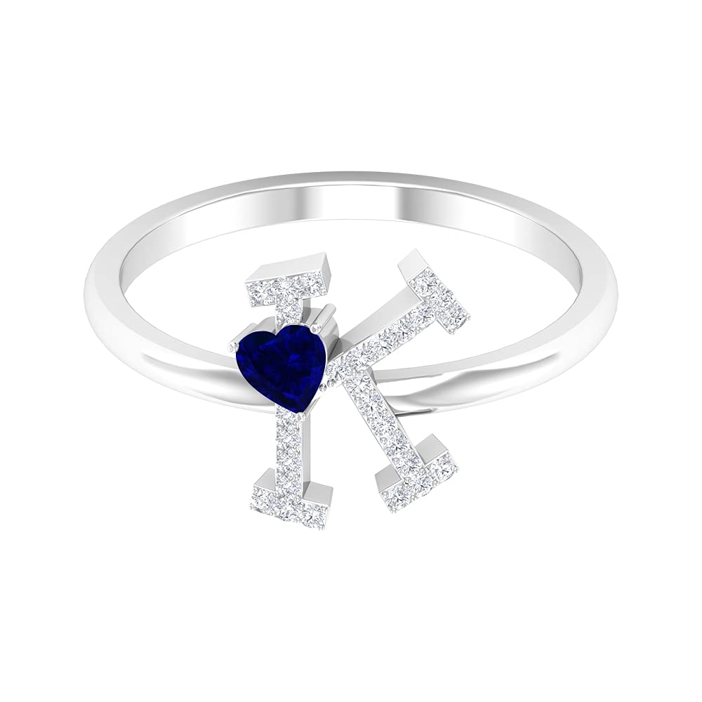 Blue Sapphire & Diamond Initial Rings A-Z for Women | 14K White Gold Alphabet Rings | Personalized Name & Heart Rings | Perfect for Birthdays, Anniversaries & Gifts