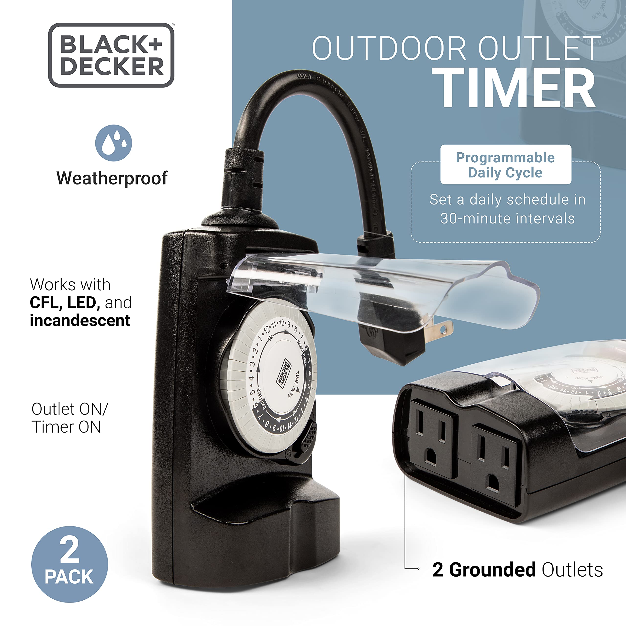 BLACK+DECKER Outdoor Timer 2 Pack - Waterproof Electrical Outlet Timer with 2 Grounded Outlets, 30-Minute Intervals for Holiday Lights & Decorations - Analog Light Timer Switch (Perfect for Christmas Decor, Landscape Lighting & Outdoor Security)