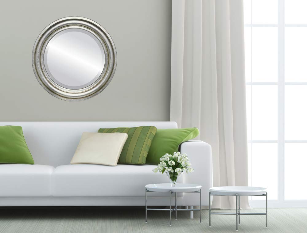 Philadelphia Style Ovalcrest Round Beveled Wall Mirror - 28x28 Inches Antique Silver Leaf Frame with Brown Patina - Elegant Home Decor for Living Room, Bedroom & Entryway