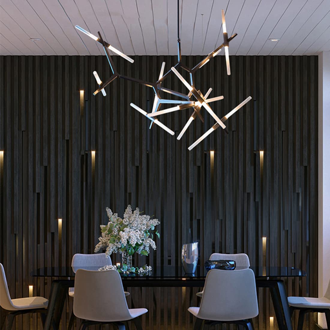 Modern Industrial LED Chandelier - 20-Light Black Metal & Glass Branch Pendant Lamp for Dining Room, Living Room - DIY Ceiling Fixture for Home Decor & Wedding Venues