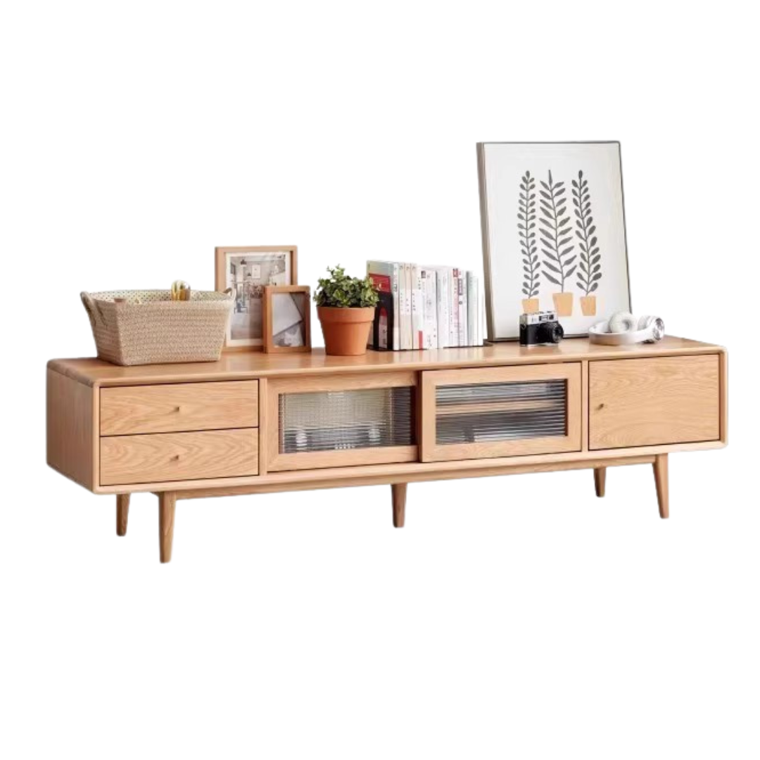 Solid Oak Wood TV Stand with Sliding Doors - Modern Entertainment Center for Living Room, Bedroom & Home Theater