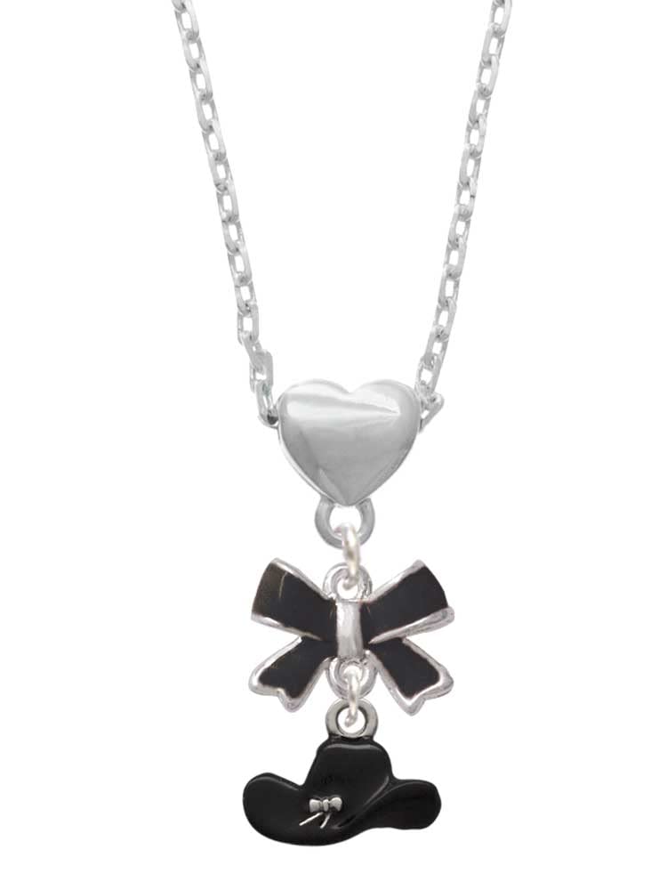 Stylish Silvertone Enamel Cowboy Hat & Bow Heart Pendant Necklace for Women - 18+2 Inch Adjustable Chain - Perfect for Western Fashion, Country Concerts & Cowgirl Outfits