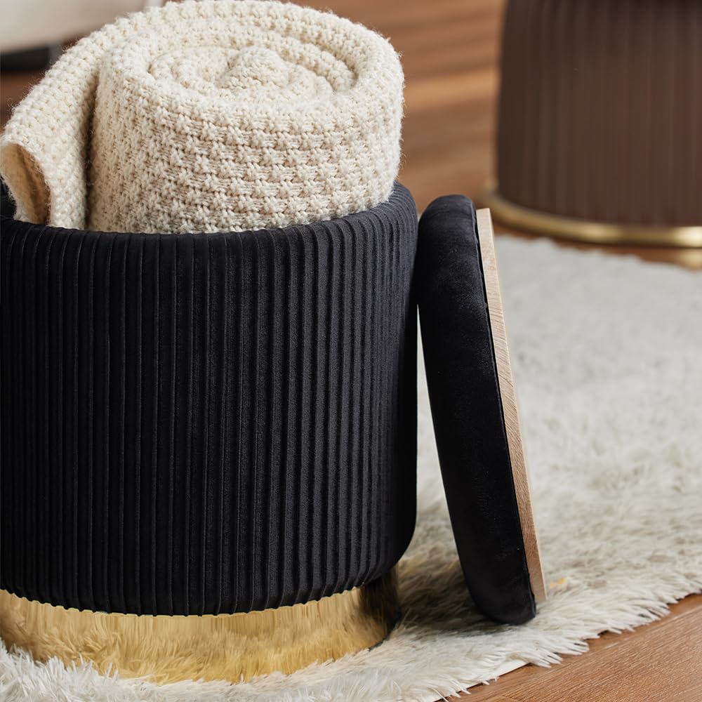 2-Pack Black Velvet Round Storage Ottomans for Living Room, Bedroom & Dorm - Multi-Functional Footrest & Seat with Hidden Storage | Perfect for Small Spaces, Home Decor & Extra Seating