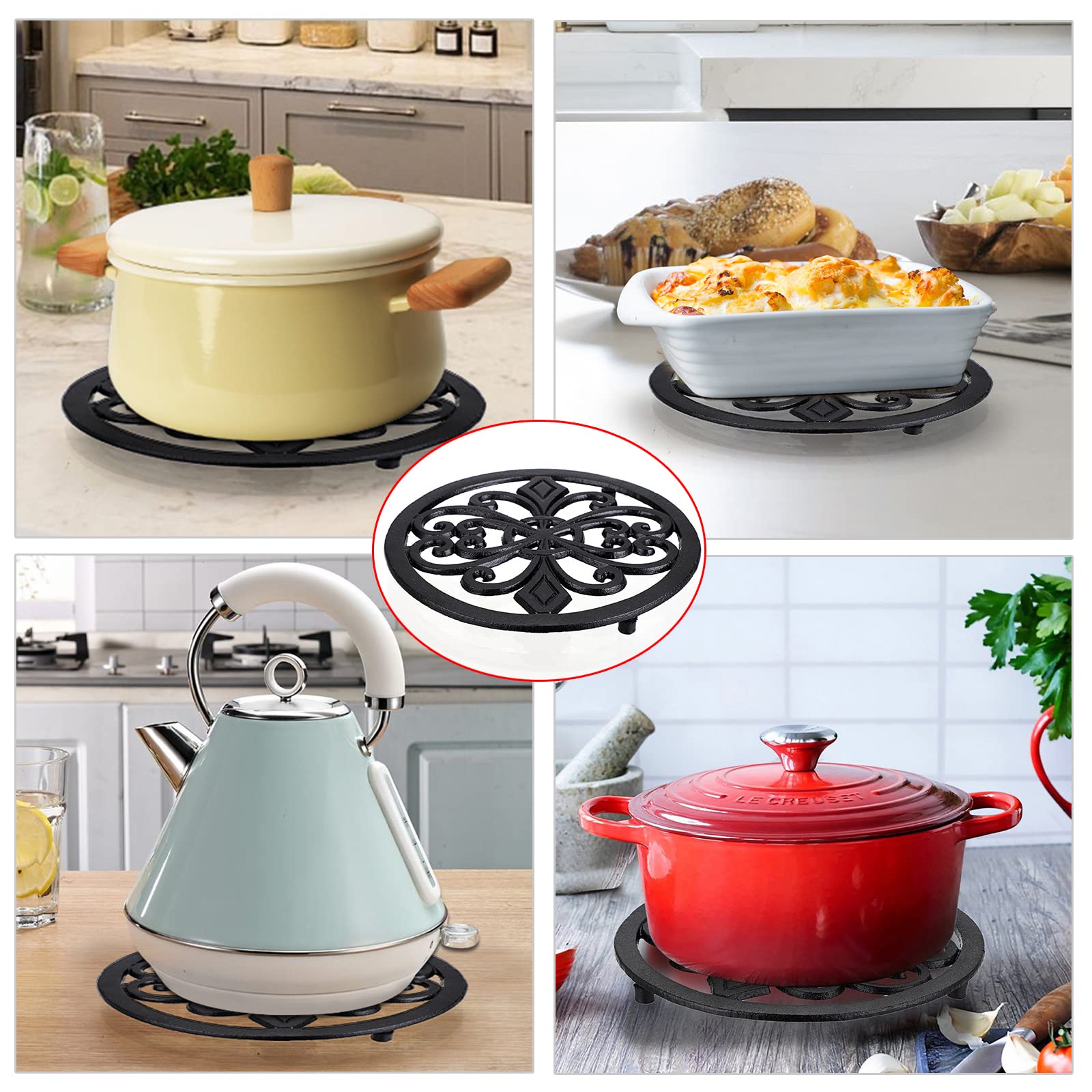 Sumnacon 2-Pack 8 Inch Round Cast Iron Trivets - Heat Resistant Hot Plate Holders for Pots, Pans, Dishes & Teapots - Rustic Kitchen Countertop Protectors for Dining Table, Stovetop & Cooktop Use