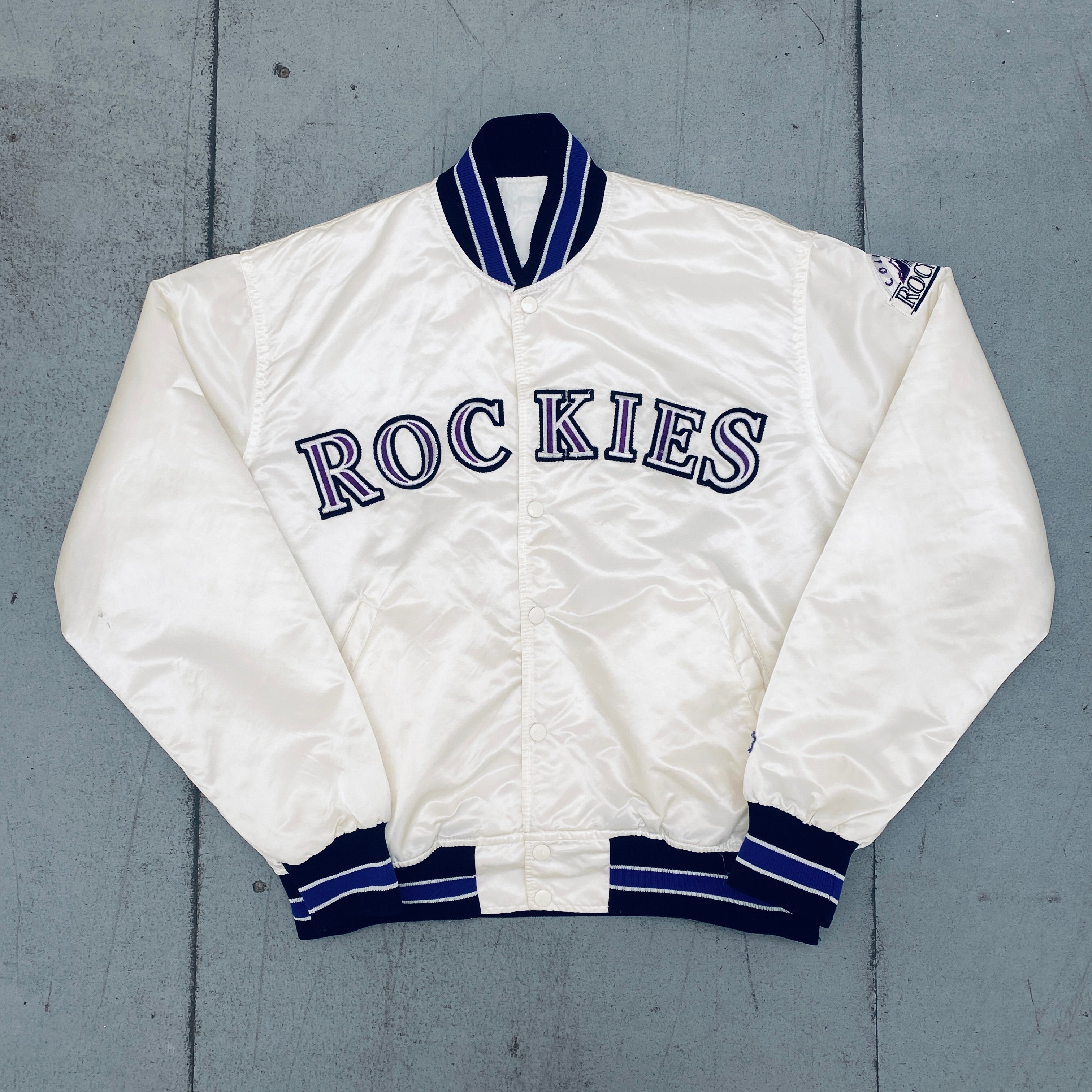 Colorado Rockies 1990s White Satin Diamond Collection Starter Bomber Jacket - Vintage Baseball Jacket for Men (Large) - Perfect for Game Day, Retro Fashion & Collectors