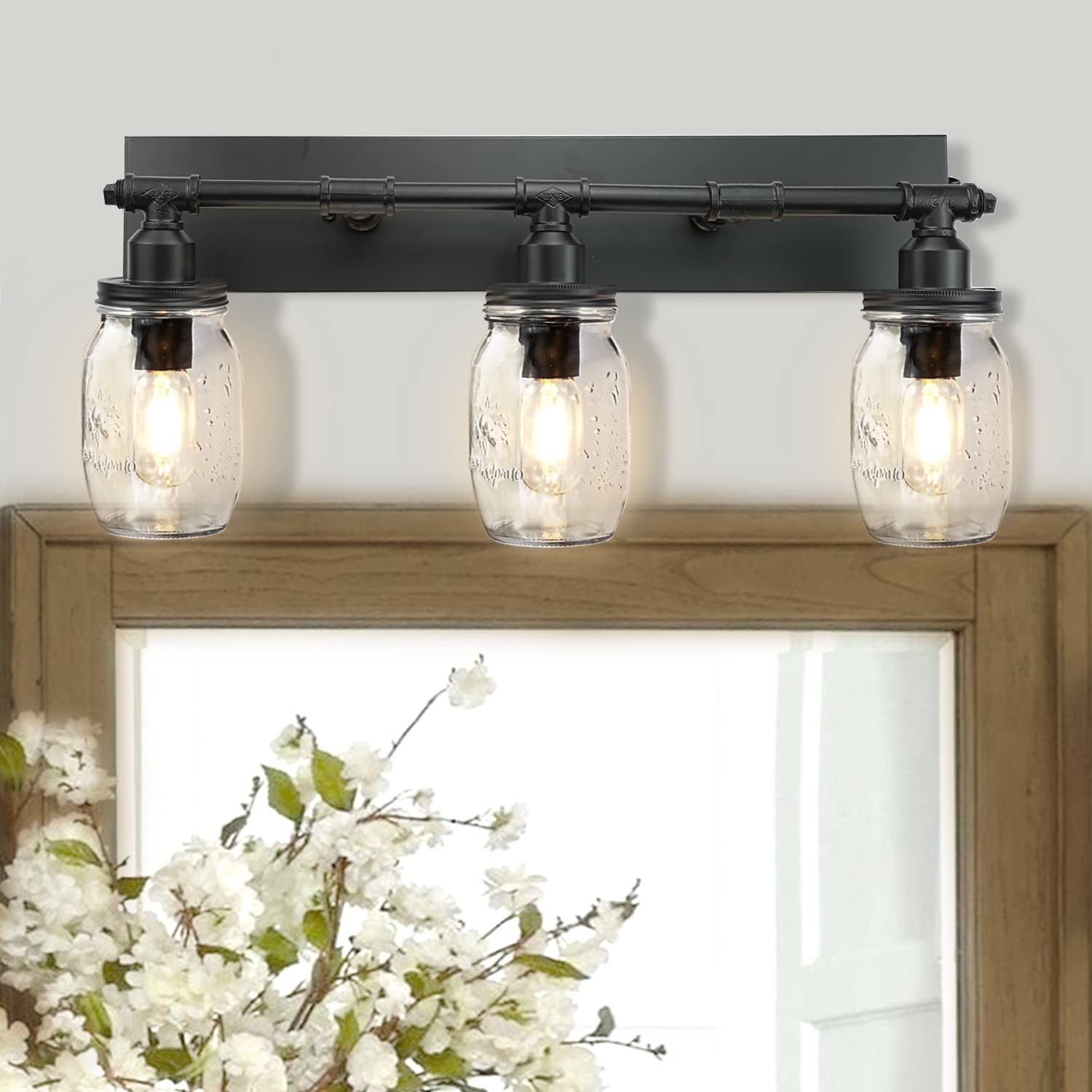 Industrial Mason Jar Vanity Light Fixtures - Black Finish Wall Sconce with 3 Lights for Bathroom, Bedroom, or Farmhouse Decor | Rustic Home Lighting Solution