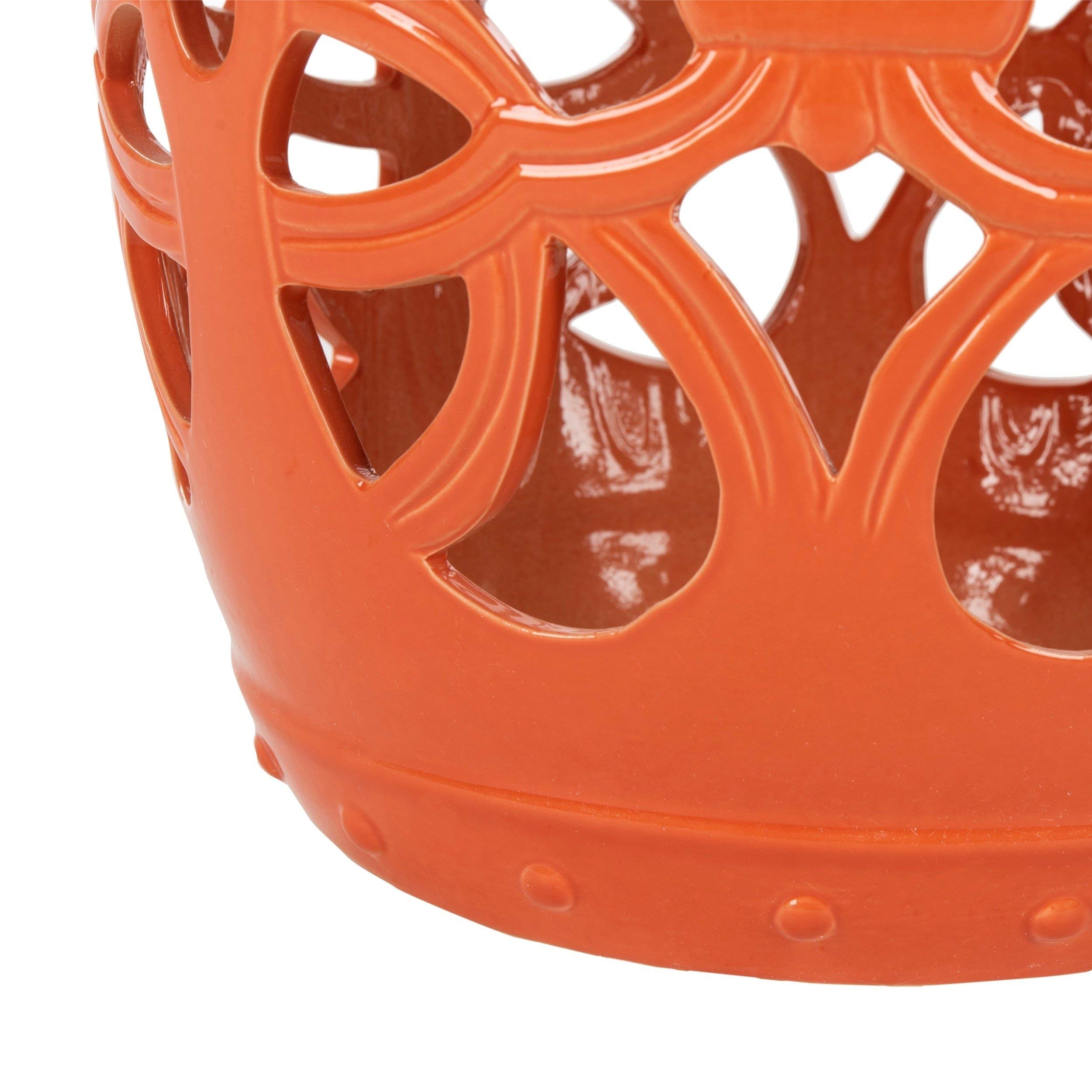 Orange Boho Plant Stand - Ceramic Patio Stool with Geometric Design, Coastal Outdoor Table for Moroccan Backyard, Deck & Lawn Decor | Perfect for Bohemian Gardens, Balconies & Poolside Areas