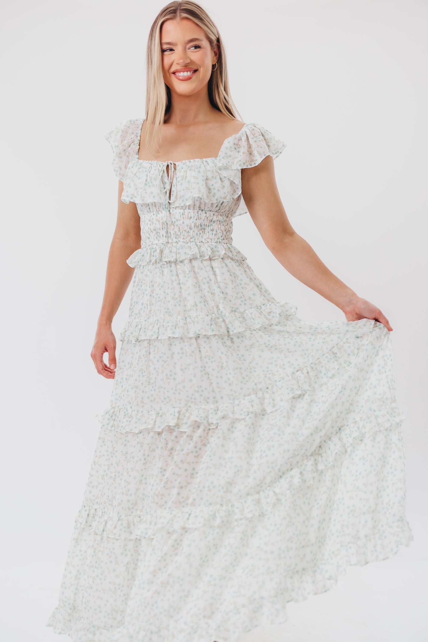 Astrid Ruffle Detail Maxi Dress in Sage Floral - Bump Friendly Maternity Dress for Pregnancy, Nursing & Special Occasions | Flowy Summer Dress for Beach, Wedding & Vacation