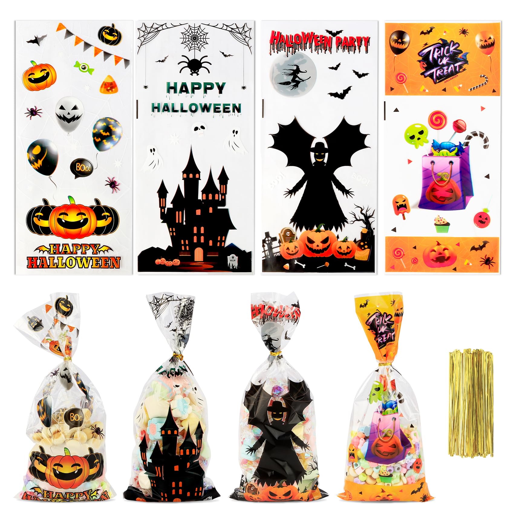 100PCS Clear Cellophane Treat Bags with Twist Ties - Halloween Candy Bags, Cookie Goodie Bags for Trick or Treat, Party Favors, Birthday Gifts & Holiday Treat Packaging