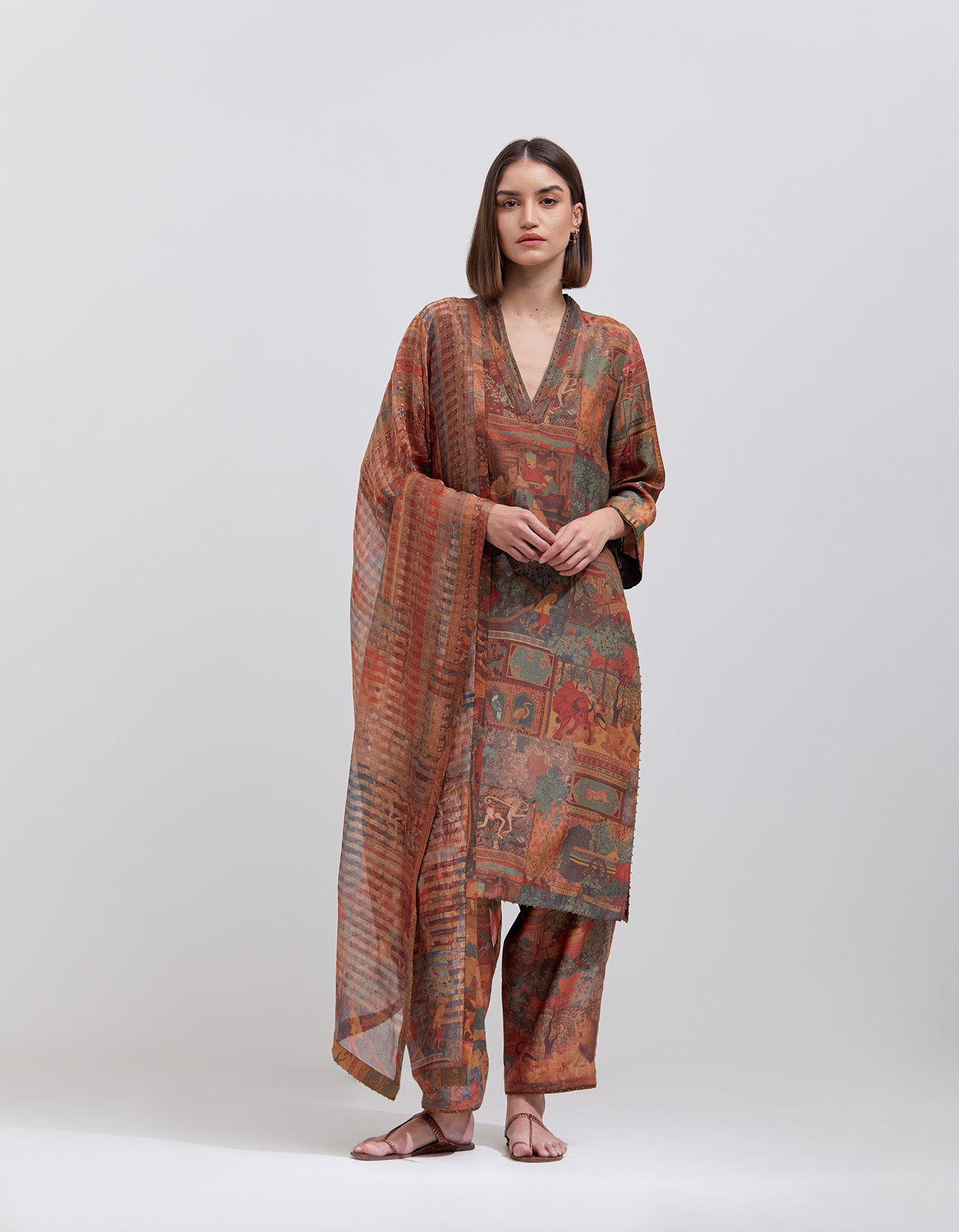 Aisha Salwar Kameez - Muga Silk Satin Fabric in Terracotta Color - Elegant Indian Ethnic Wear for Festivals, Weddings & Special Occasions