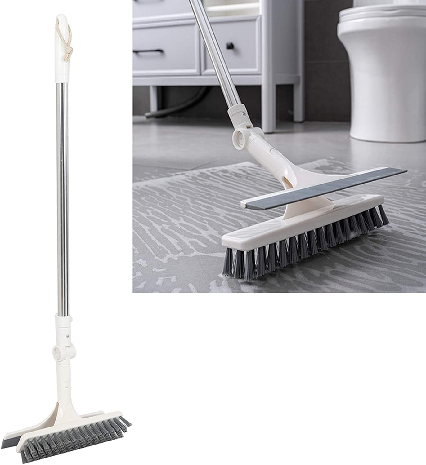 Amso Floor Scrubber Brush with Squeegee - Soft Bristle Long Handle Cleaning Brush for Bathroom, Shower, Kitchen, Tile & Patio - Perfect for Deep Cleaning Floors, Walls and Outdoor Surfaces