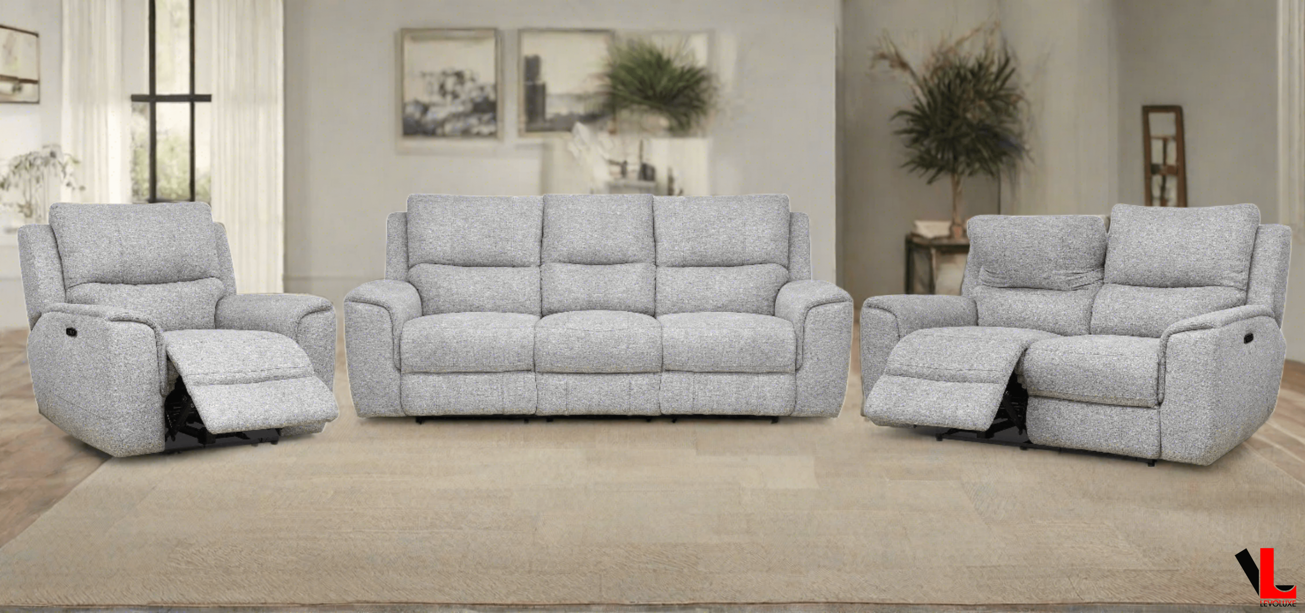 3-Piece Power Reclining Living Room Set - Tweed Ash Fabric Sofa, Loveseat & Chair with Adjustable Headrests | Perfect for Home Theater, Family Rooms & Relaxation Spaces