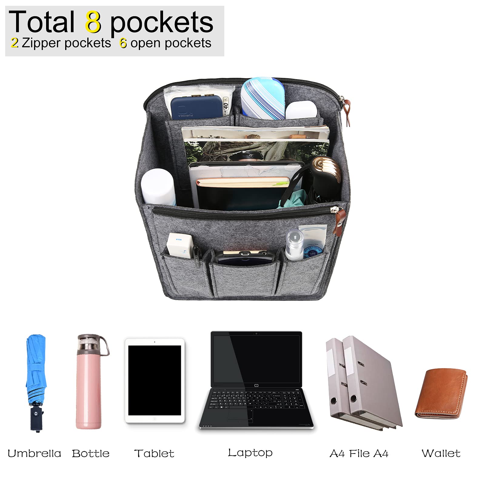 Surblue Felt Backpack Organizer Insert - Large Capacity Zippered Liner with Dividers for Travel Rucksacks & Daypacks | Foldable Shoulder Bag Organizer for Men & Women (Grey, XL) | Perfect for Travel, Work, School & Daily Commute
