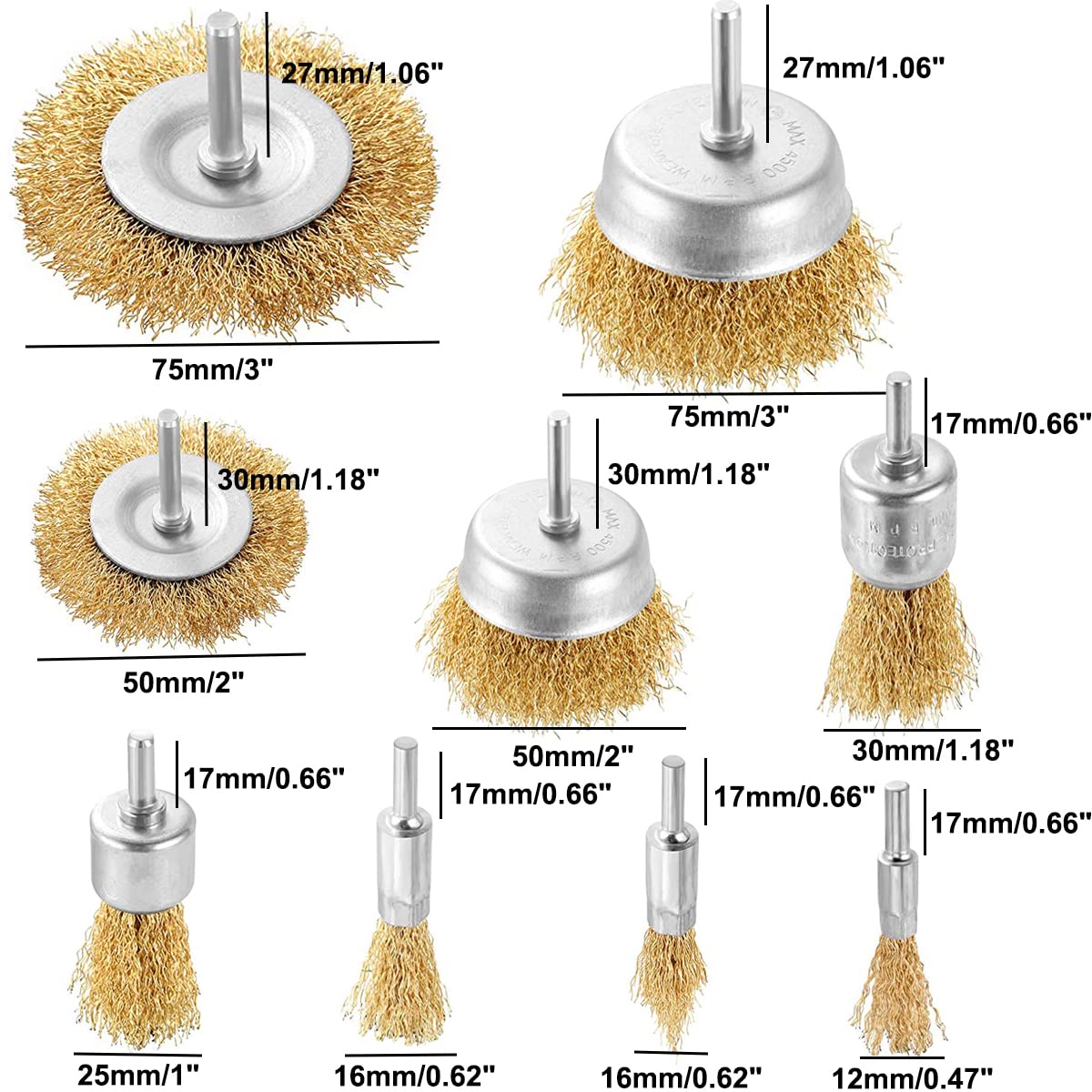9-Piece Steel Wire Brush Wheel Set for Drill - 1/4