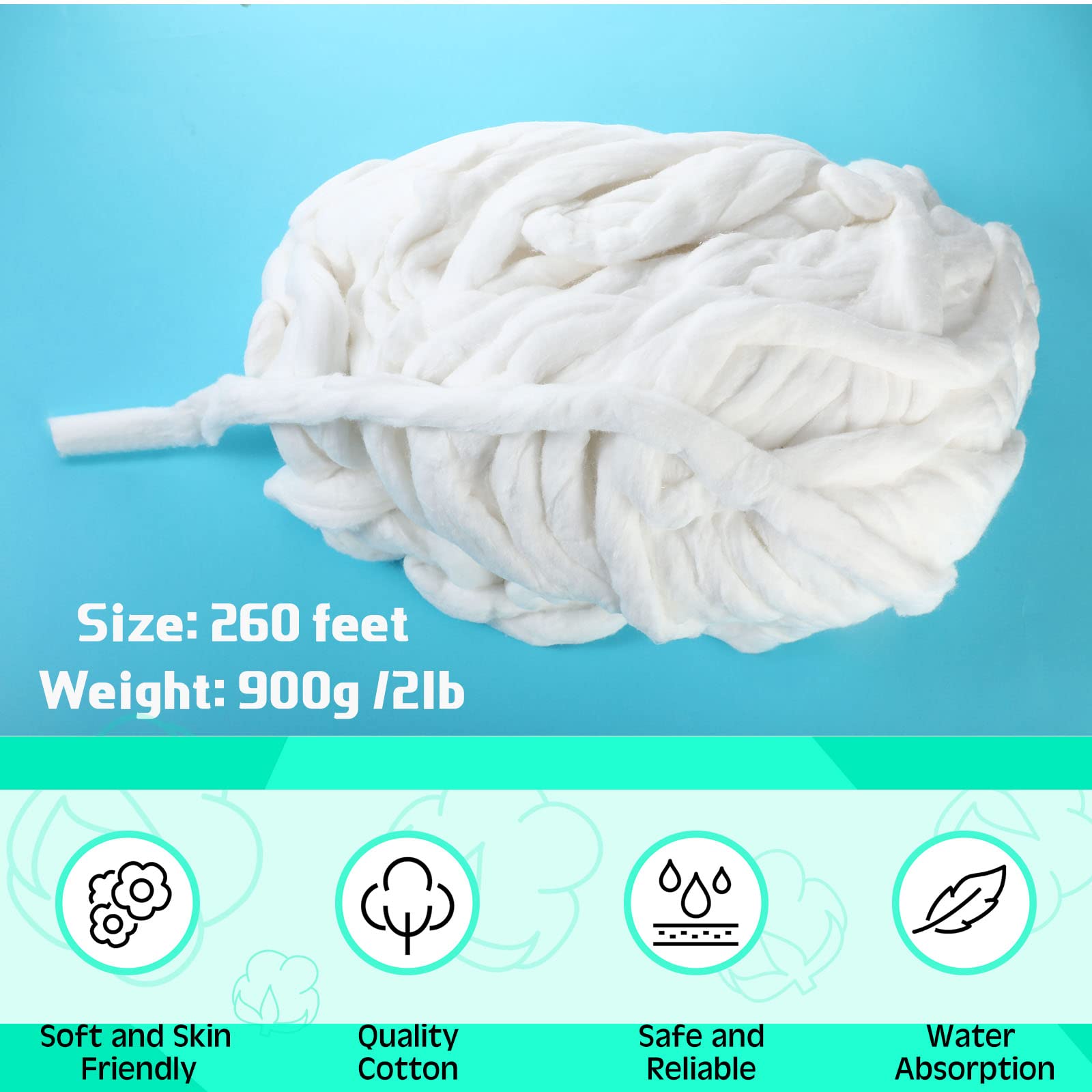 Nuogo 260 Feet Cotton Roll Coil Sliver for Salon & Beauty - 2lb (900g) Bulk Cotton for Cleaning, Manicures, Skin Care - Easy to Use Salon Supplies for Waxing, Nail Art & Facial Treatments