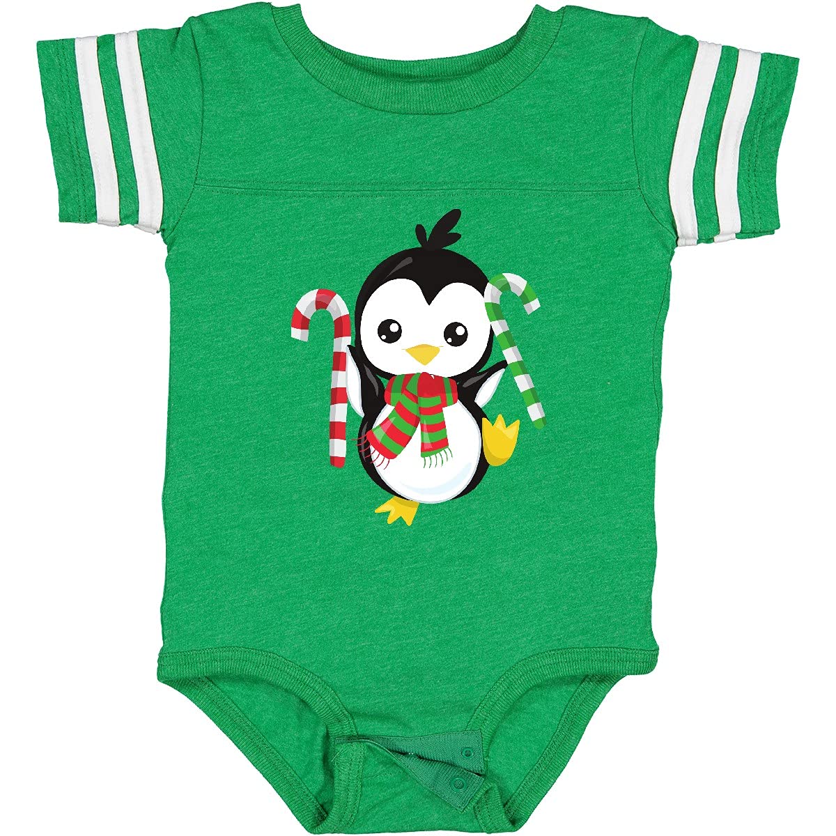 Inktastic Christmas Penguin Baby Bodysuit - Cute Penguin with Scarf & Candy Cane Design - Perfect for Holiday Photos, Family Gatherings & Festive Outfits