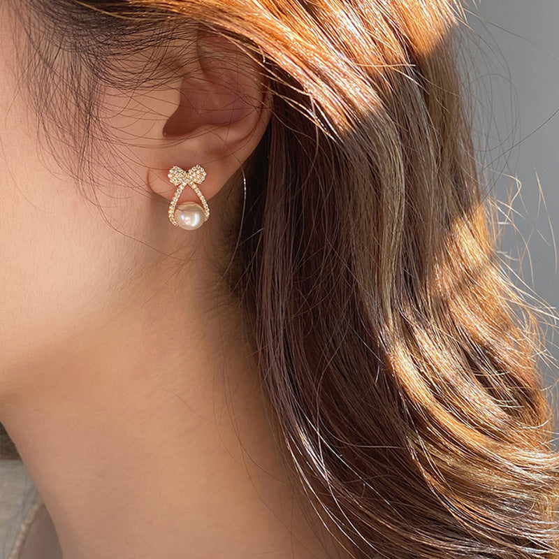 Classic Pearl Bow Ribbon Stud Earrings for Women | Elegant Dainty Jewelry Gift for Her | Perfect for Weddings, Parties & Everyday Wear (D3006)