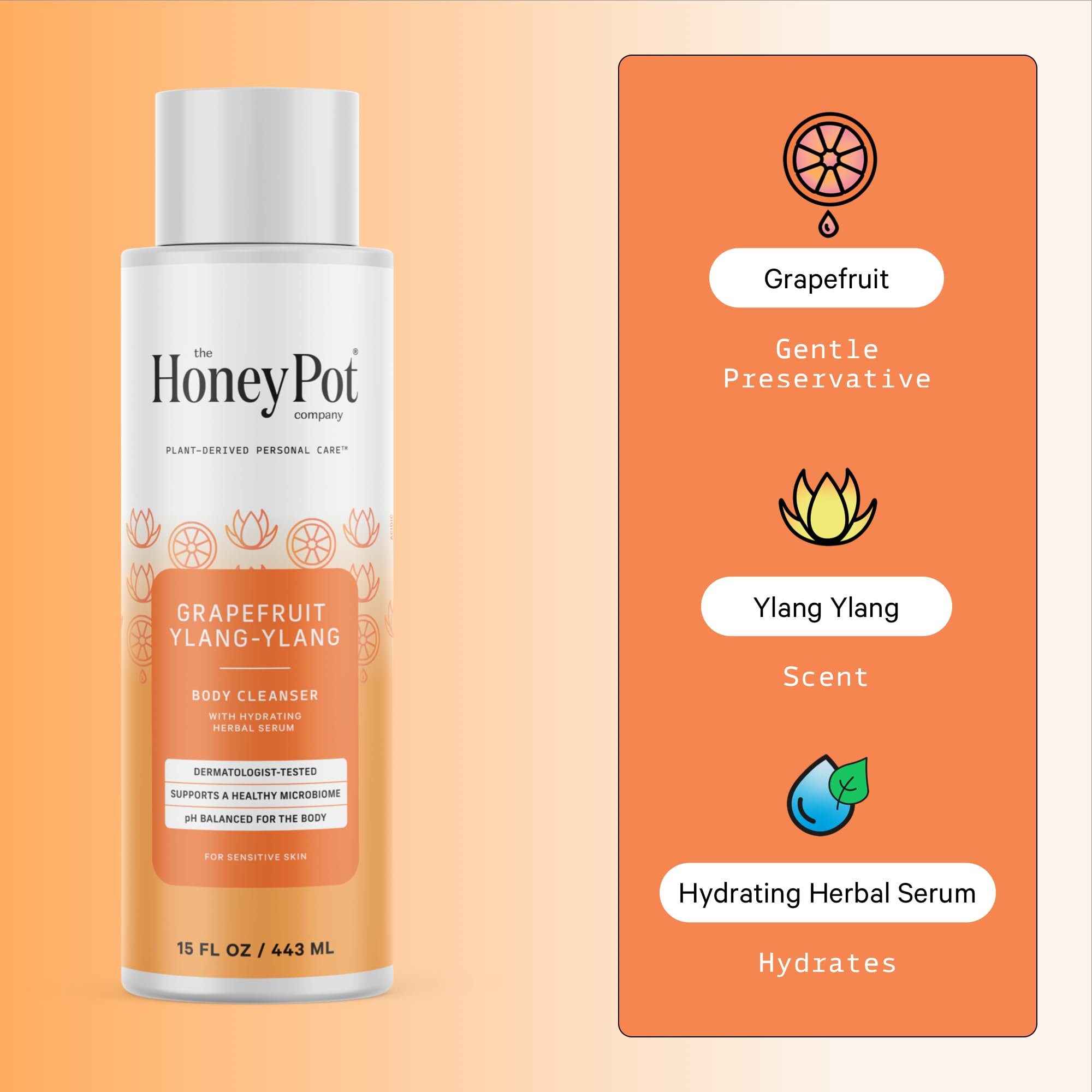 The Honey Pot Company - Hydrating Grapefruit Ylang Ylang Body Wash for Women - Moisturizing & Cleansing Shower Gel - Paraben & Sulfate Free - 15 Fl Oz - Perfect for Daily Skincare Routine & Relaxing Bath Time