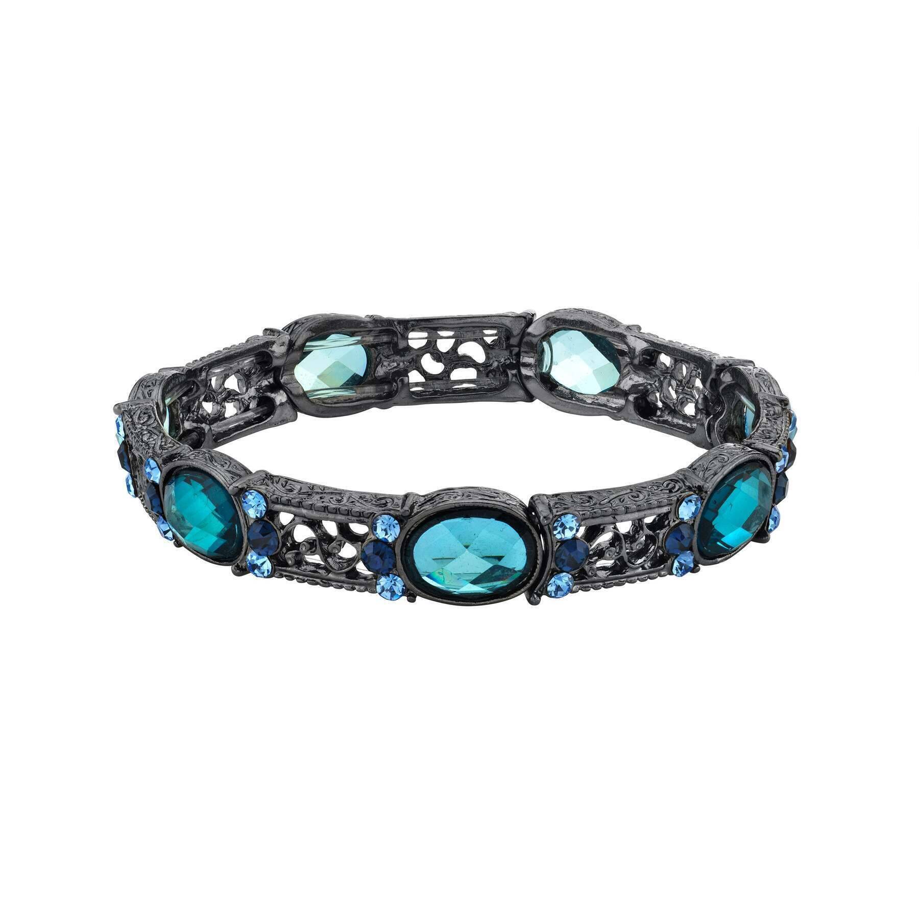 1928 Jewelry Blue & Light Sapphire Crystal Stretch Bracelet - Elegant Beaded Wristband for Women, Party Wear & Special Occasions