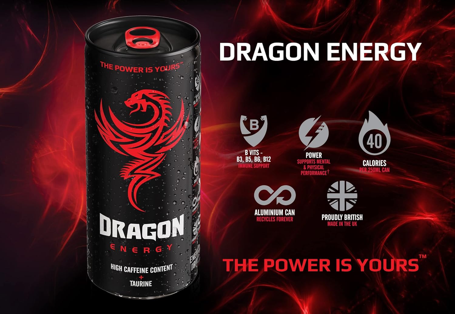 Dragon Red Energy Drink - 24 Pack of 250ml Cans - Boost Energy & Focus - Perfect for Workouts, Gaming & Late-Night Study Sessions