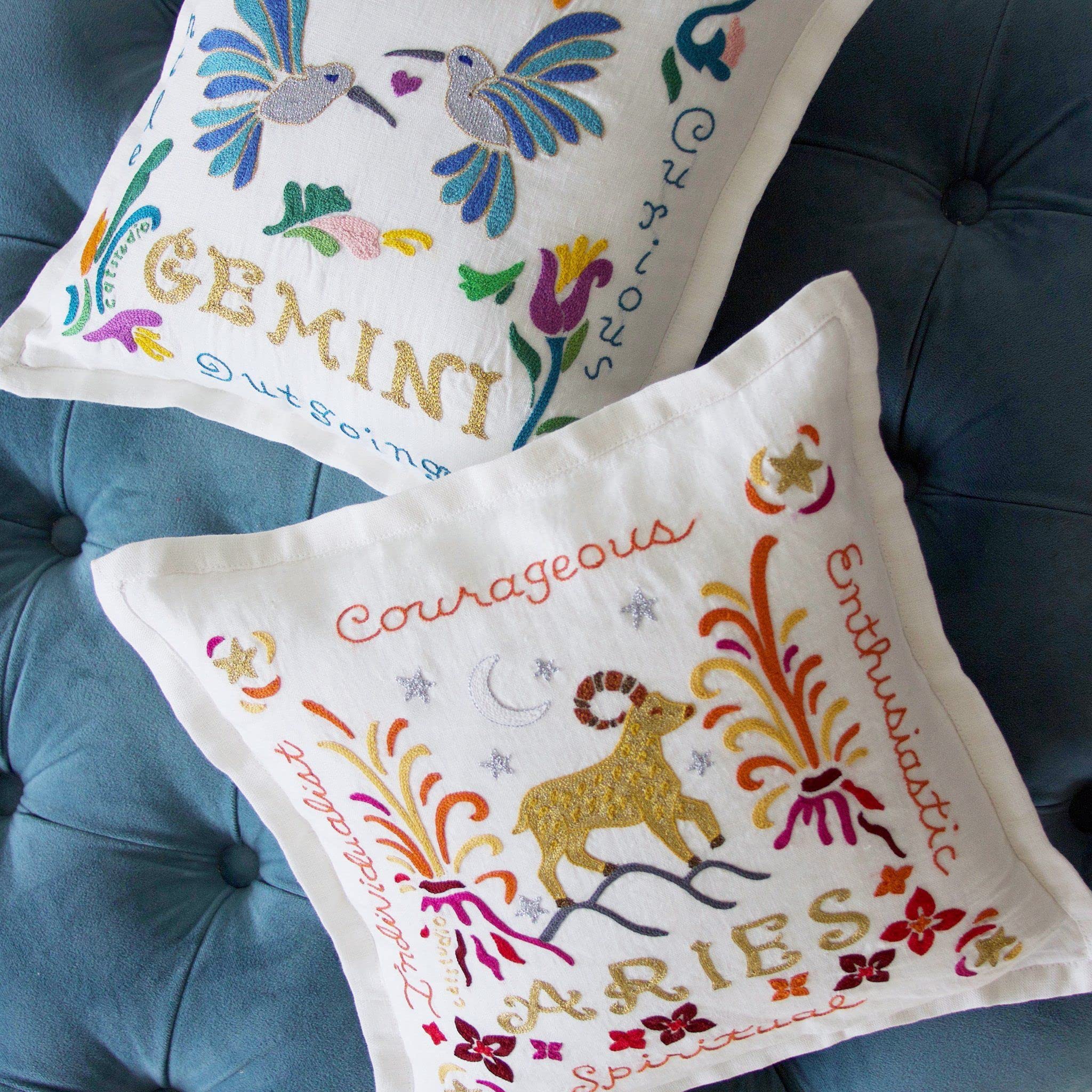 Catstudio Astrology Hand Embroidered Aries Zodiac Sign Decorative Throw Pillow - Embroidered Couch Pillow for Home Decor, Perfect Aries Gift for March & April Birthdays - Great for Sofa, Bedroom, and Living Room Decor