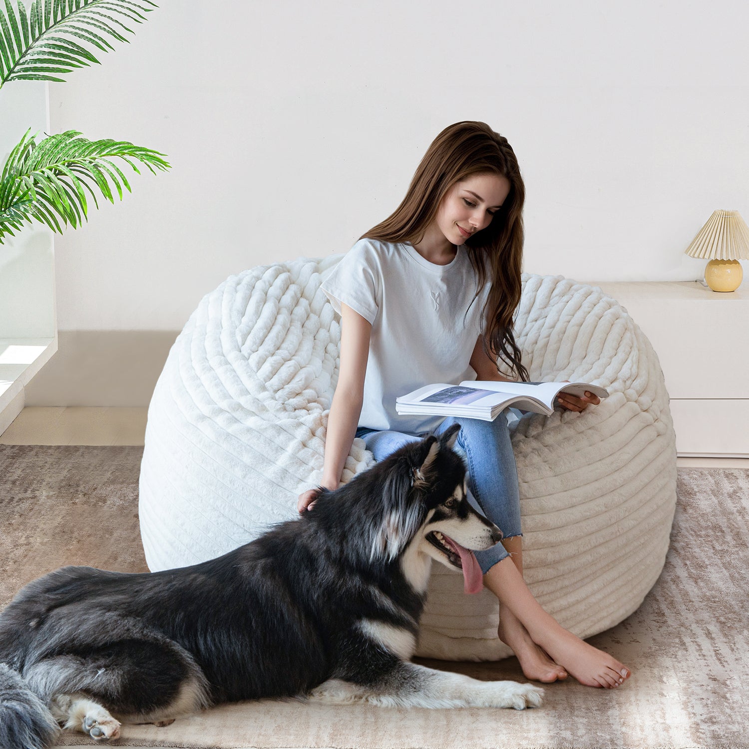 MAXYOYO Giant Bean Bag Chair Bed - Striped Faux Fur Convertible Sofa Bed for Adults & Kids, Beige - Perfect for Living Room, Bedroom, Dorm & Game Room Relaxation