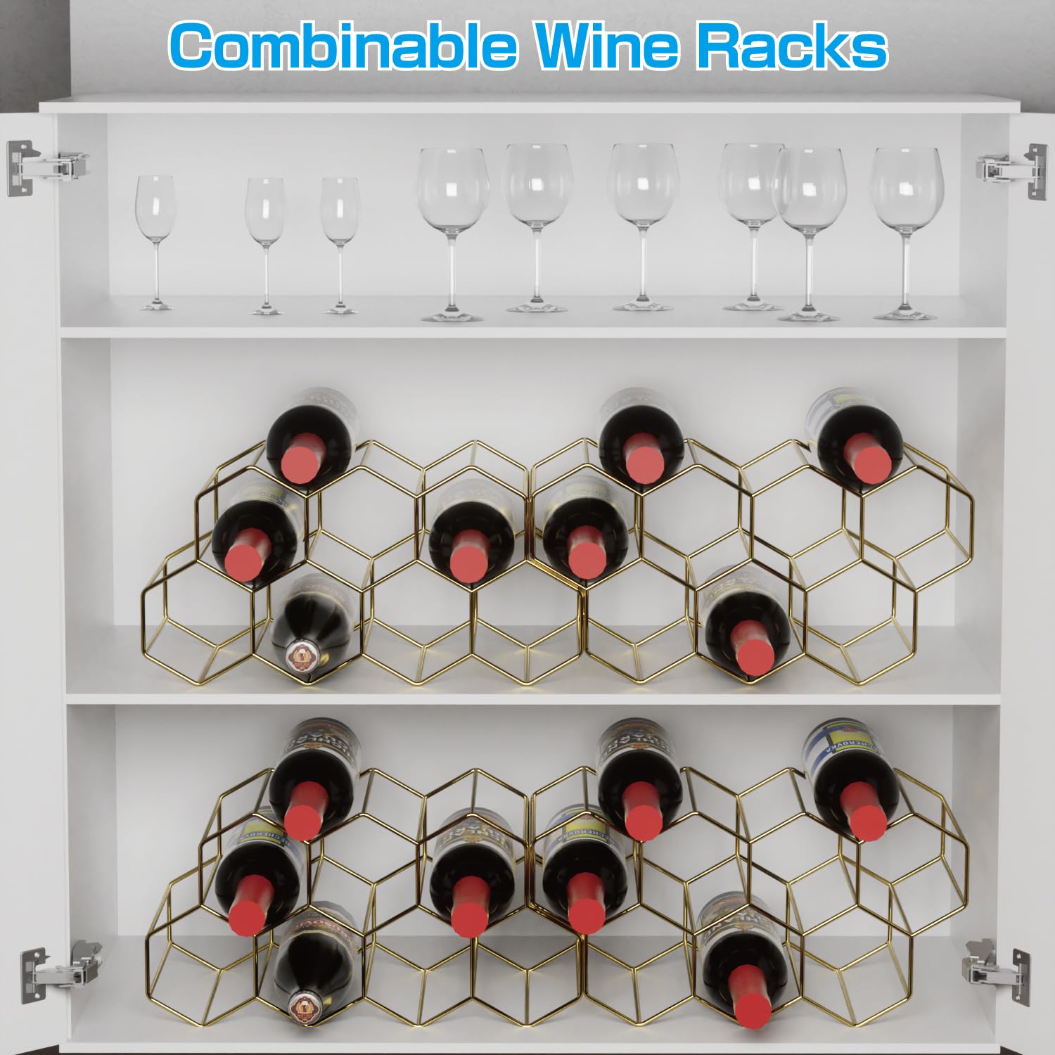 Buruis 9-Bottle Countertop Wine Rack - Honeycomb Metal Wine Holder & Organizer for Red & White Wines - Gold Kitchen Bar Essential for Home, Restaurant & Party Serving