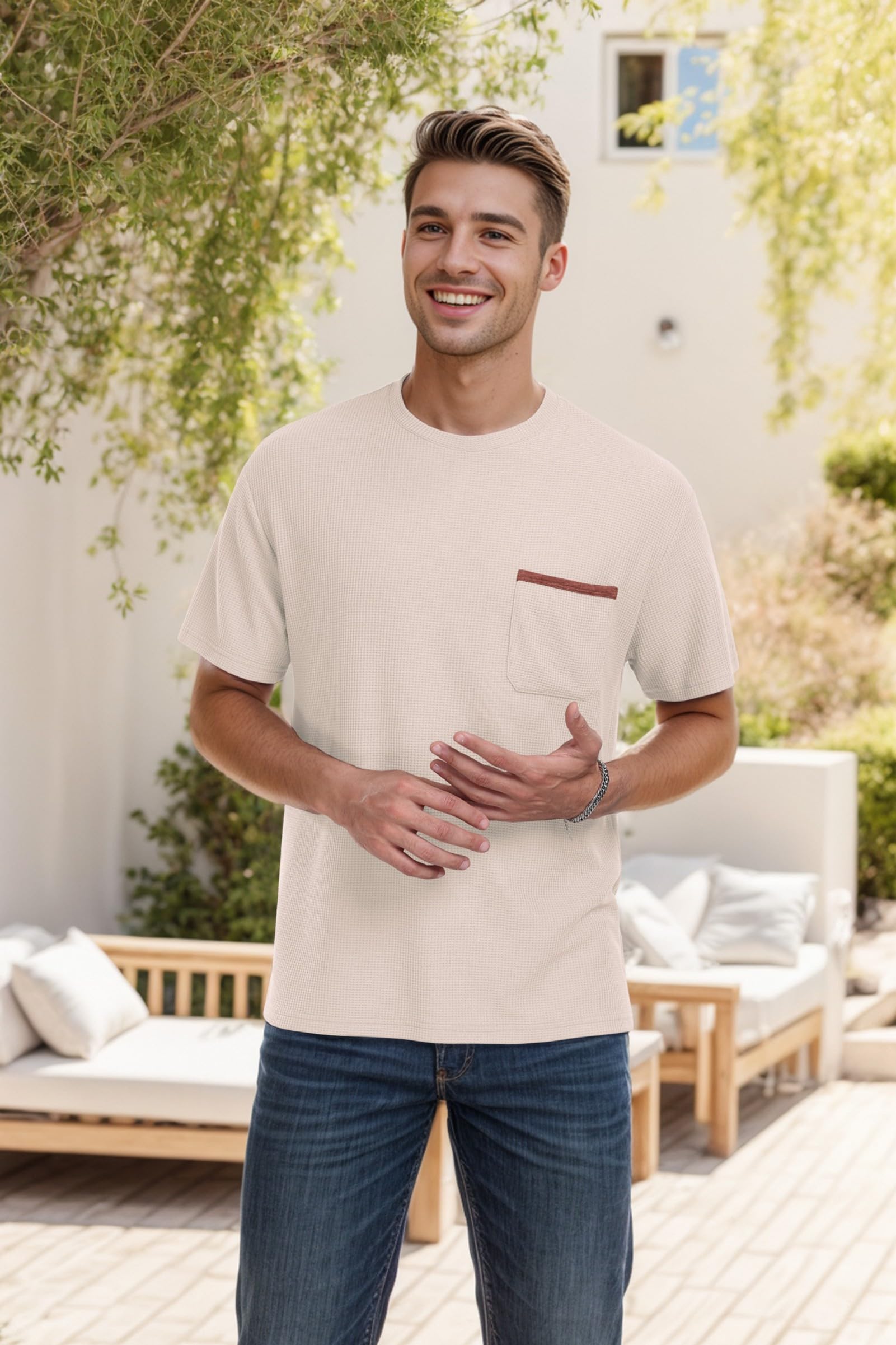 Men's Casual Short Sleeve Crew Neck T-Shirt - Soft Summer Tee with Waffle Texture & Pocket - Perfect for Beach, Travel & Everyday Wear