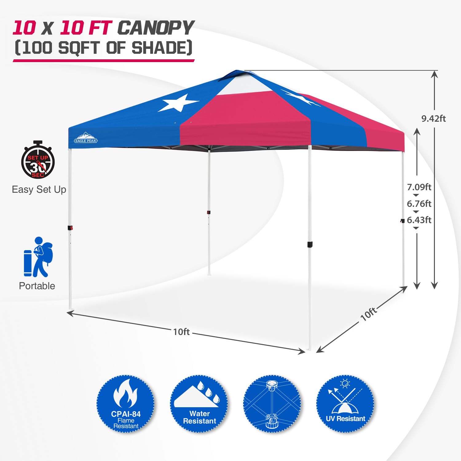 EAGLE PEAK 10x10 ft Pop Up Canopy Tent with Wheeled Carry Bag - Includes 8 Stakes, 4 Ropes & 4 Weight Bags for Easy Setup - 100 sq ft Portable Shade Shelter for Outdoor Events, Camping, Beach & Backyard Parties (Texas Style)
