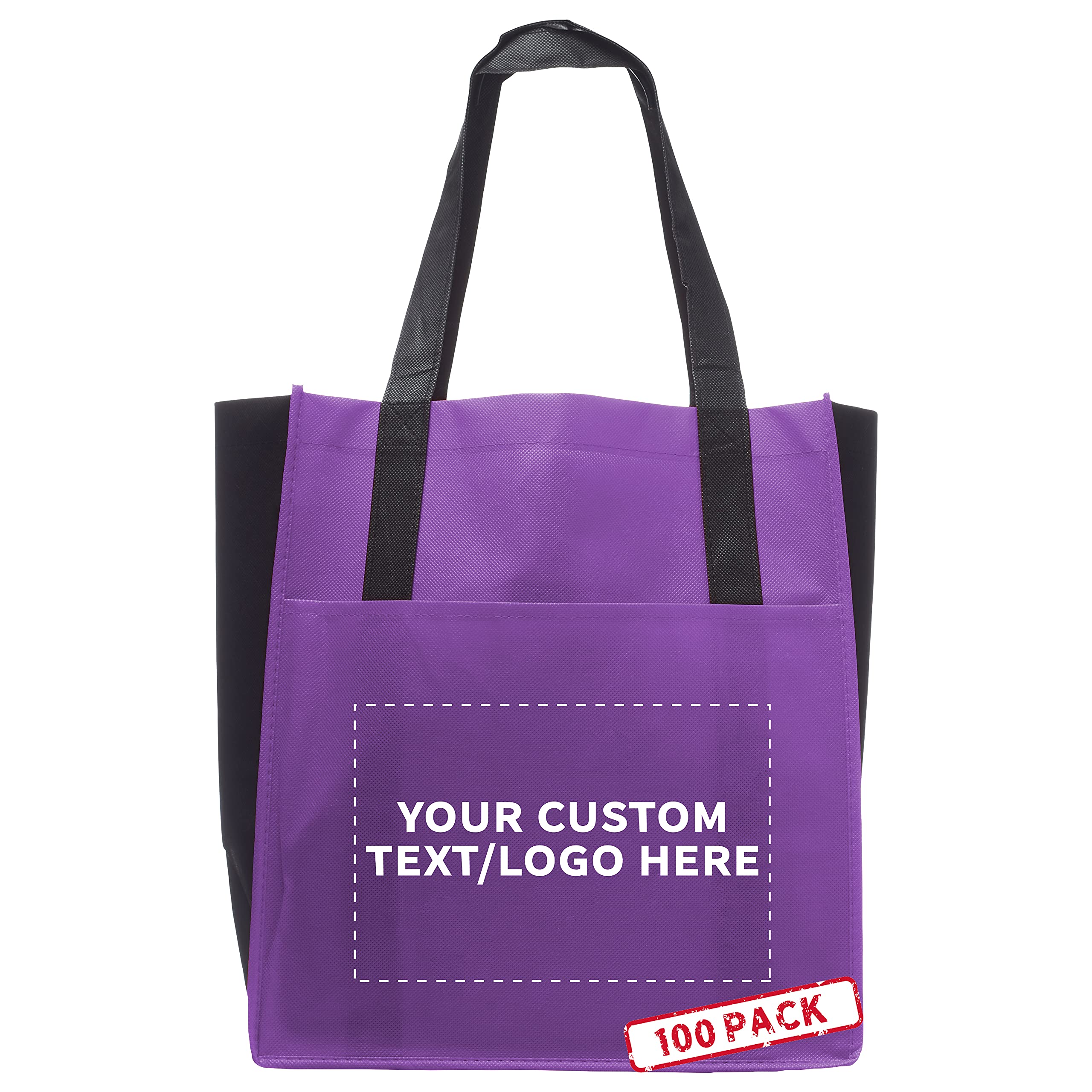 100 Pack Customizable Non-Woven Tote Bags with Front Pocket - Eco-Friendly Reusable Shopping Bags in Vibrant Purple Two-Tone (13