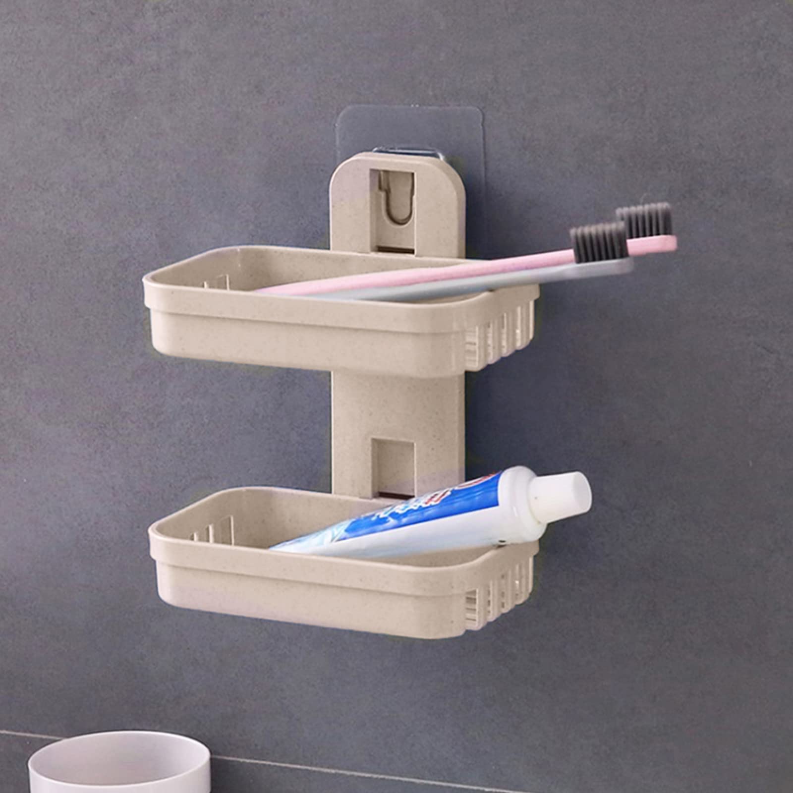 Wolpin Wall Mounted Soap Dish Holder - Double Layer Plastic Soap Stand for Bathroom & Kitchen Sink, Magic Stickers Included (1-Pack, Random Color) - Perfect for Small Spaces, RVs & Dorm Rooms