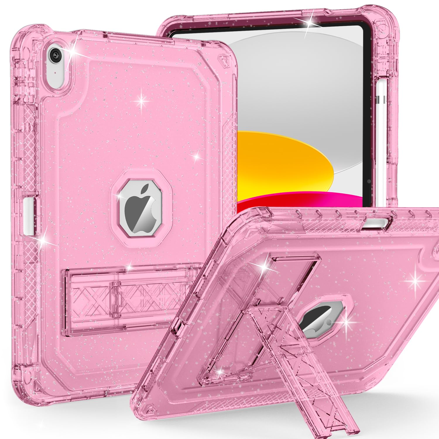 Shockproof Rugged iPad Case for iPad 11-inch (A16) 2025 & iPad 10th Gen 10.9 inch 2022 - Heavy Duty Protective Cover with Pencil Holder, Translucent Kickstand & Glitter Design - Perfect for Kids, Travel & Everyday Use