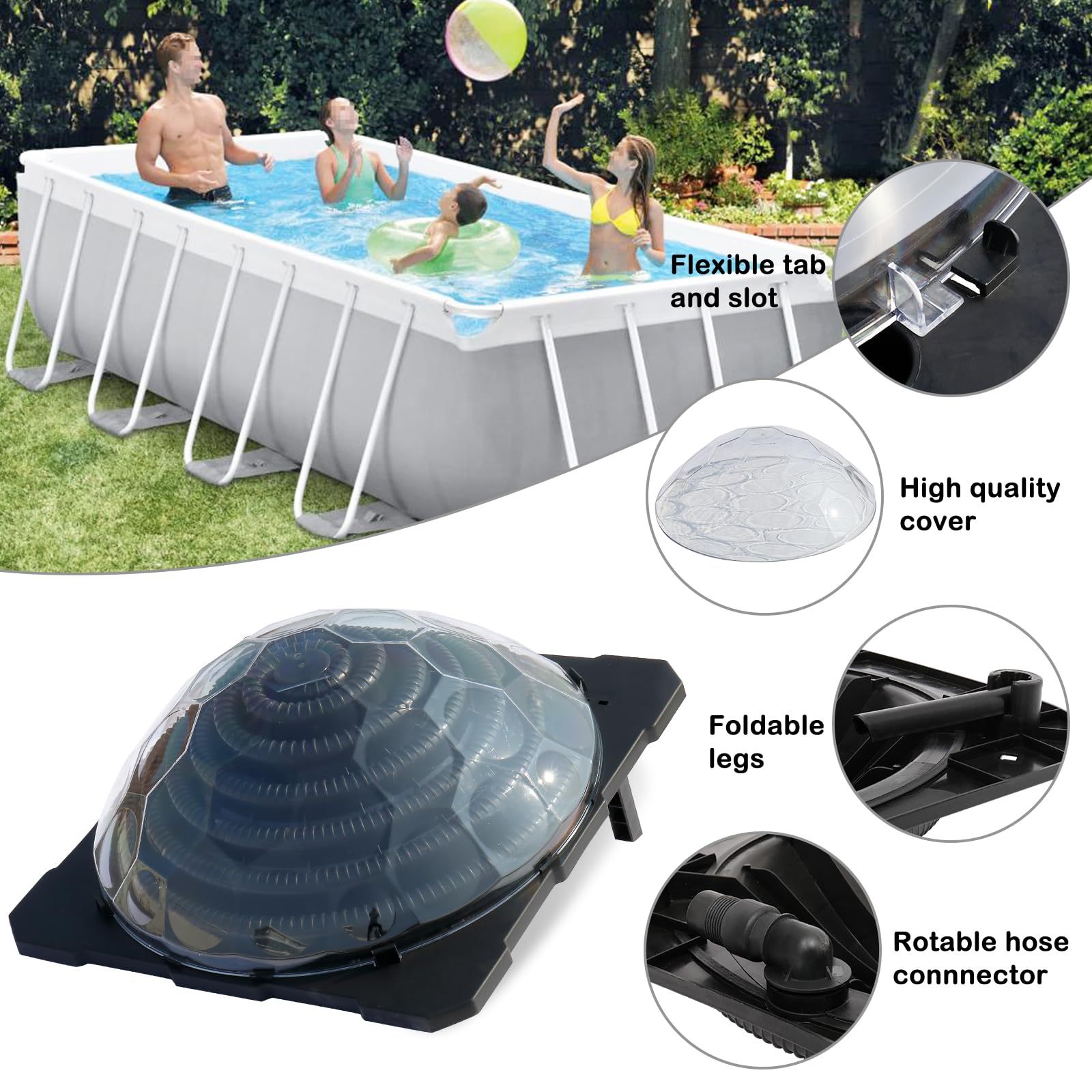 VINGLI 2-Pack Black Solar Pool Heater for Above Ground Pools - Domed Solar Powered Swimming Pool Heating System with Contour Coil Design | Perfect for Backyard, Inflatable & Outdoor Pools