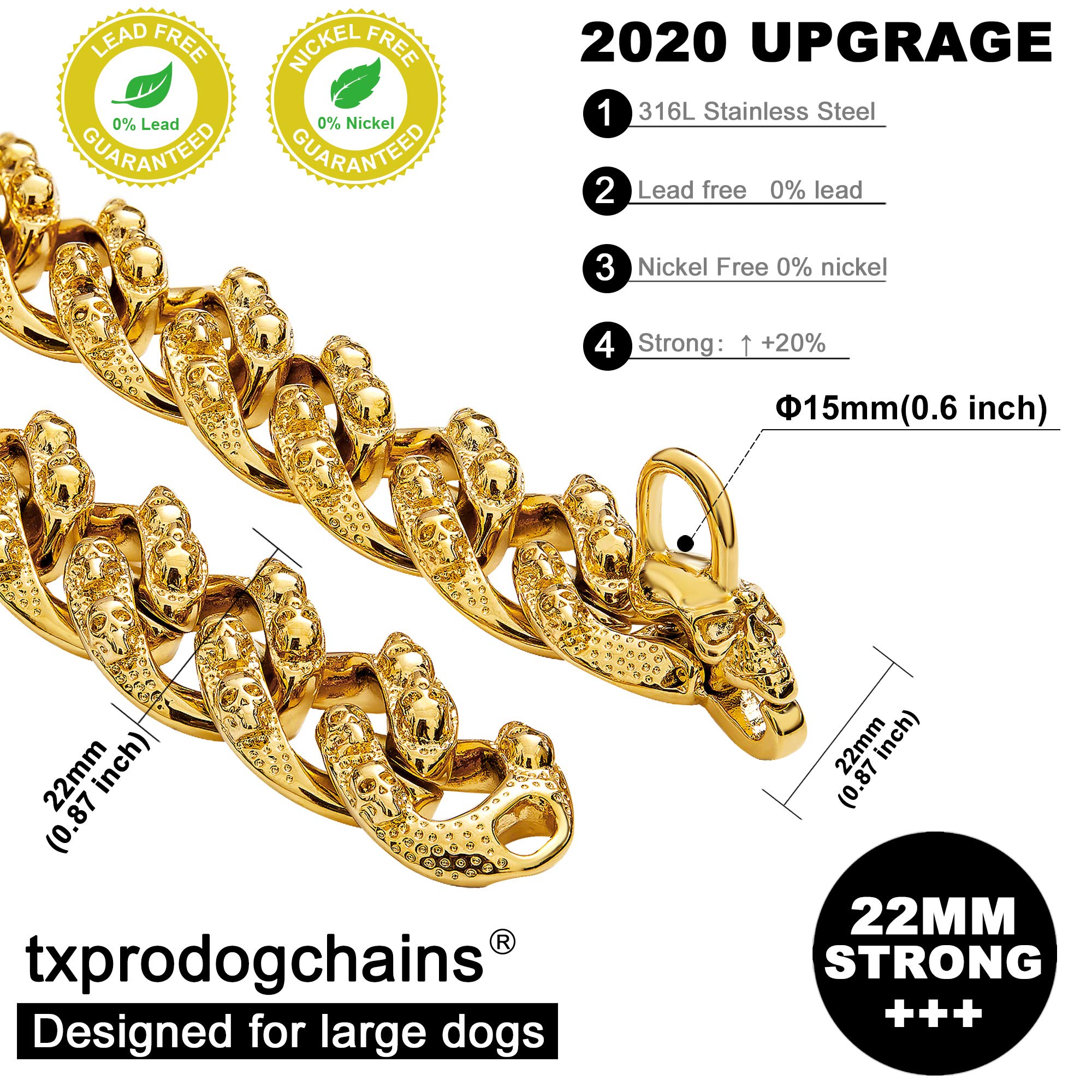 18K Gold Stainless Steel Skull Dog Collar - Punk Style 22mm Cuban Link Choke Chain for Large Breed Dogs (22 inch) - Perfect for Biker, Rock & Gothic Pet Fashion Accessories