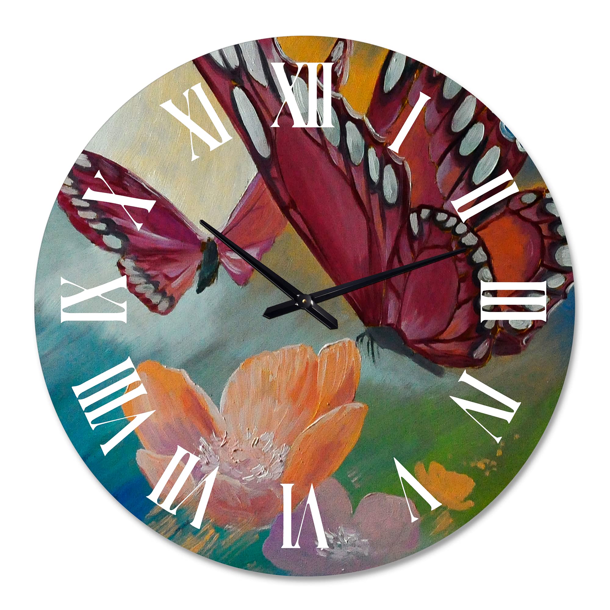 DesignQ Traditional Wall Clock 'Butterfly On Pink Flowers' - Large Landscape Nature Wall Clock for Living Room, Bedroom & Office Decor - Perfect for Home, Office & Gift Giving