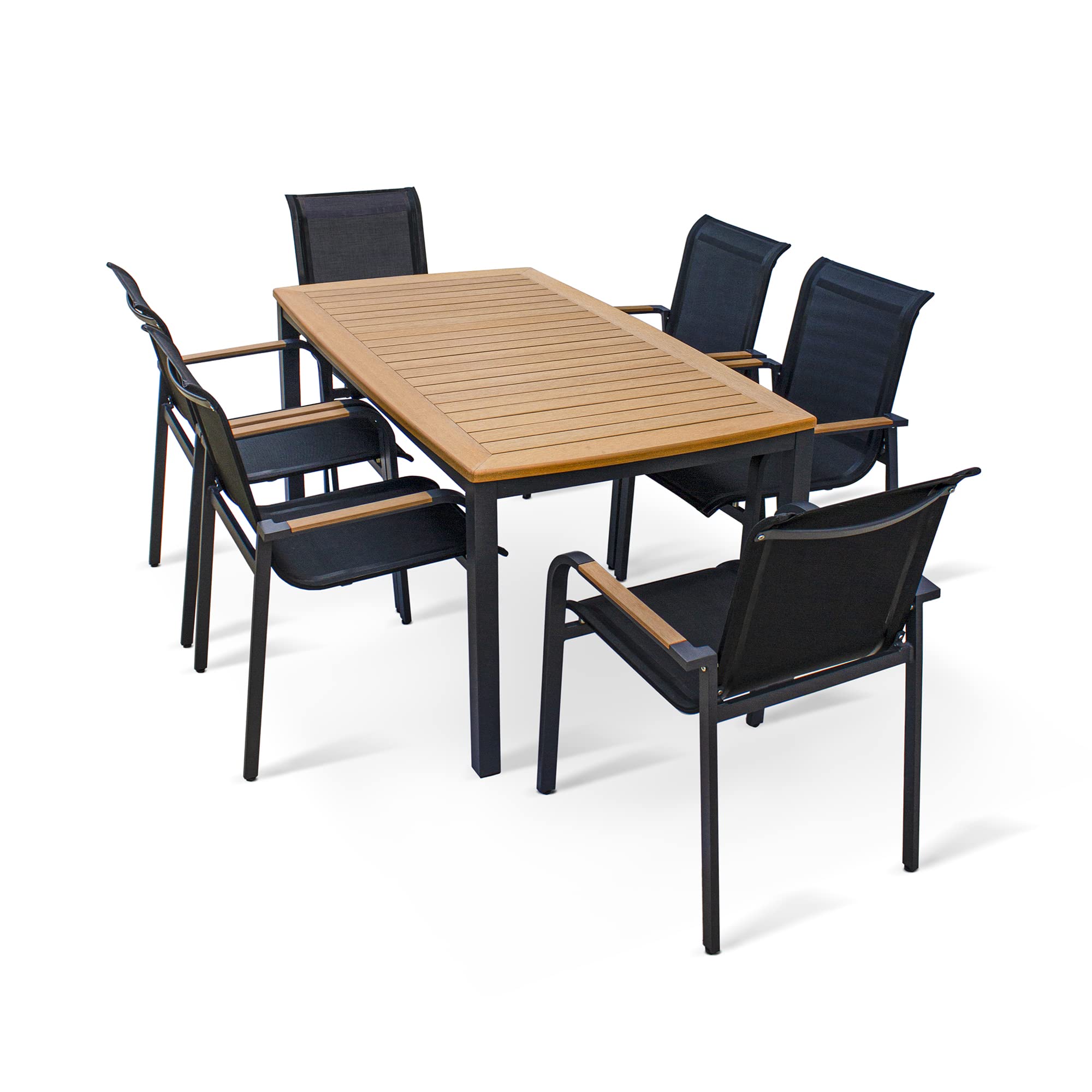 Familymill 7-Piece Outdoor Dining Set - Patio Furniture with Luxury Faux Wood Tabletop, Armrests & Powder-Coated Aluminum Base (Black) - Perfect for Backyard BBQs, Poolside Dining & Garden Parties