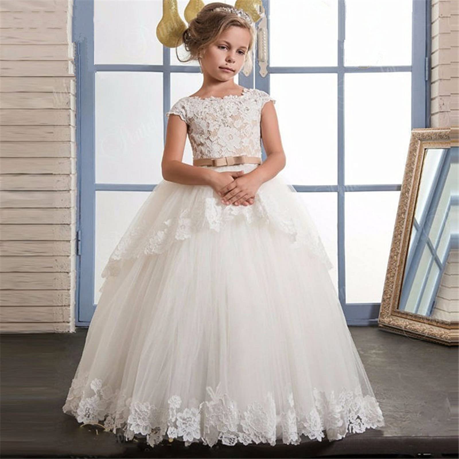Zhengquan Girls' Wedding Dress - Elegant Pleated Lace Applique Flower Girl Dress with Ruffles for Formal Occasions | Perfect for Weddings, Proms, and Special Events