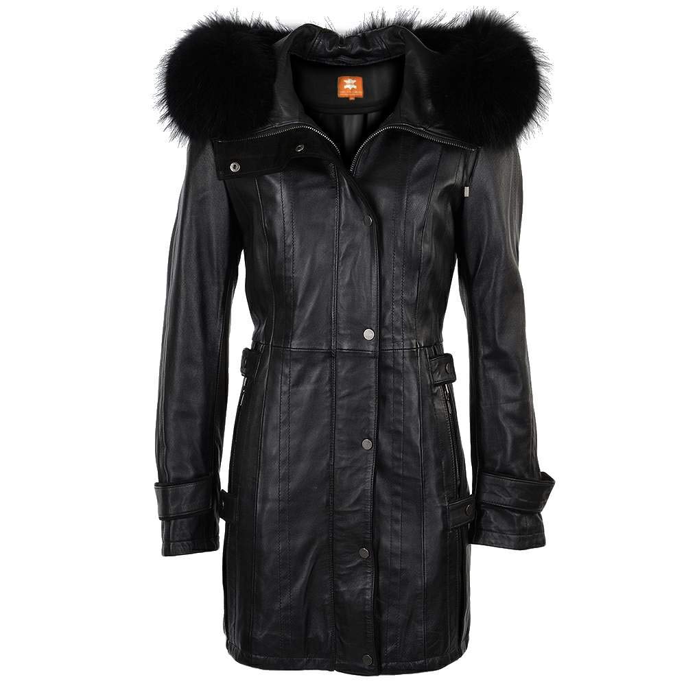 Premium Black Glossy Genuine Lambskin Leather Long Coat for Women - Elegant Winter Trench Coat for Office, Dating & Special Occasions
