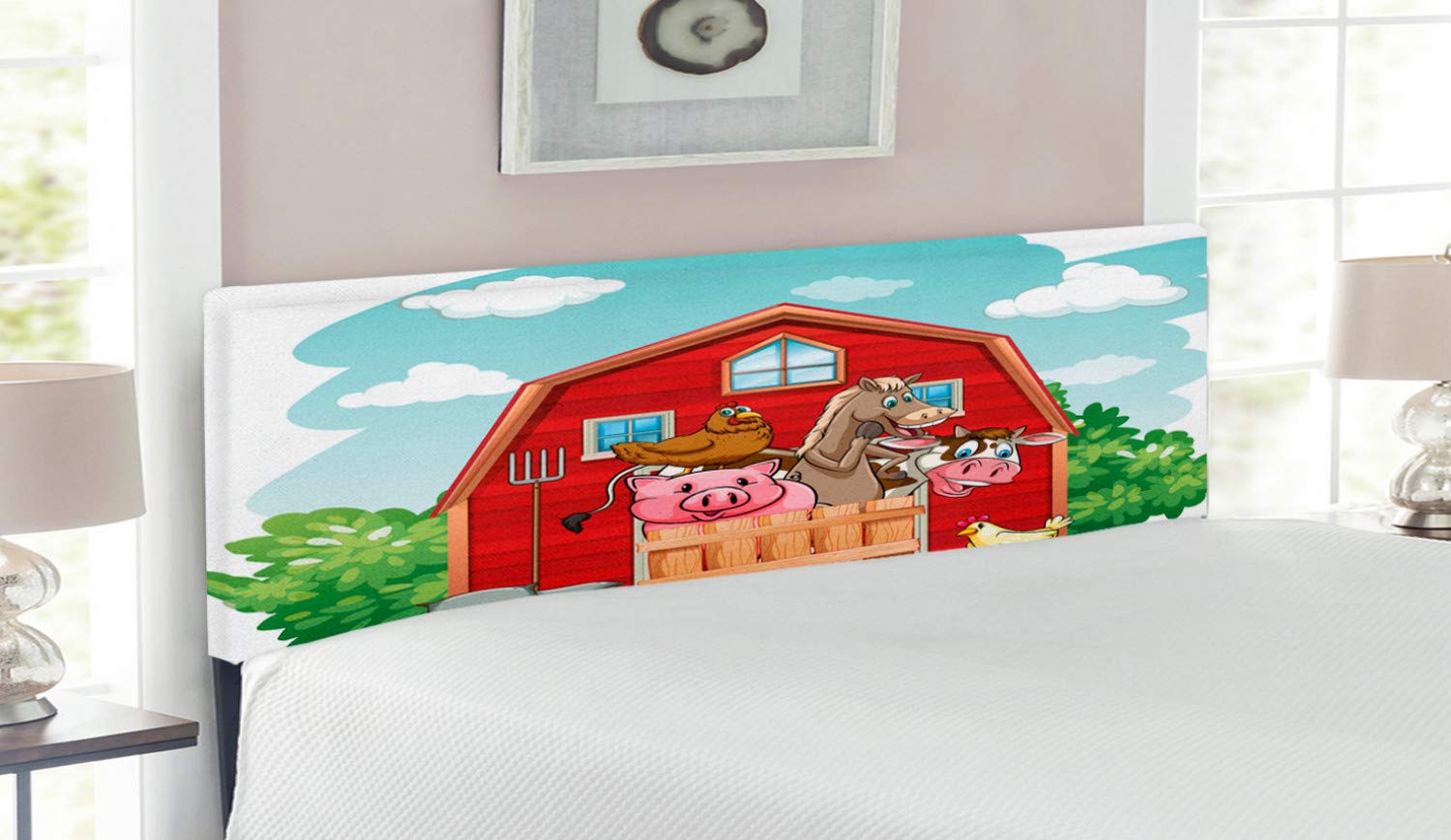 Lunarable Cartoon Farm Animal Headboard - Upholstered Queen Size Metal Bed Headboard with Memory Foam, Fern Green Seafoam Rust - Barnhouse Chicken & Rural Decor for Kids' Bedroom, Nursery or Farmhouse Style Home